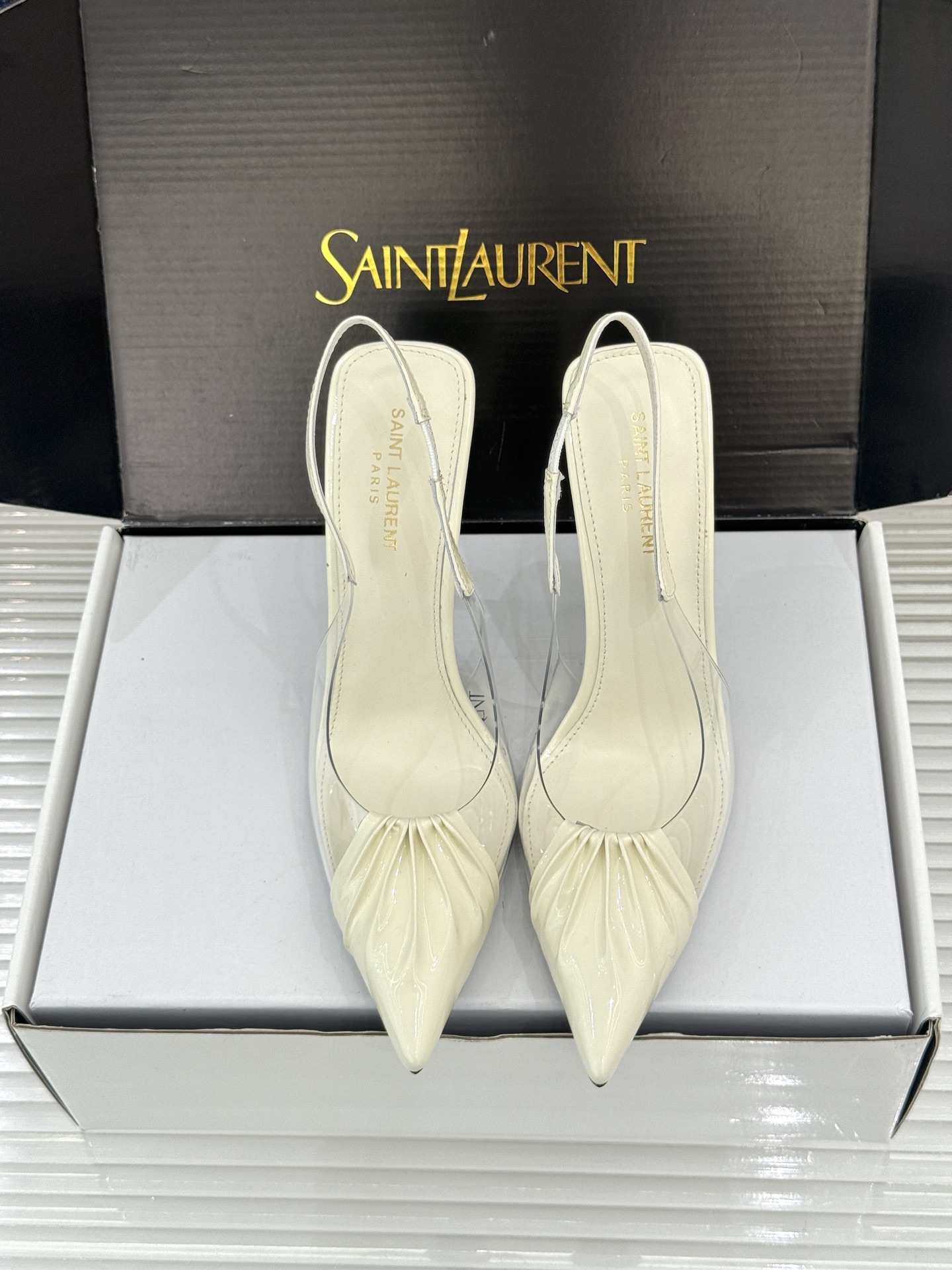 （原版飞机＋10）Saint Laurent /圣罗兰YSL26WF新品胶片褶皱尖头后空高跟凉鞋冷艳御姐