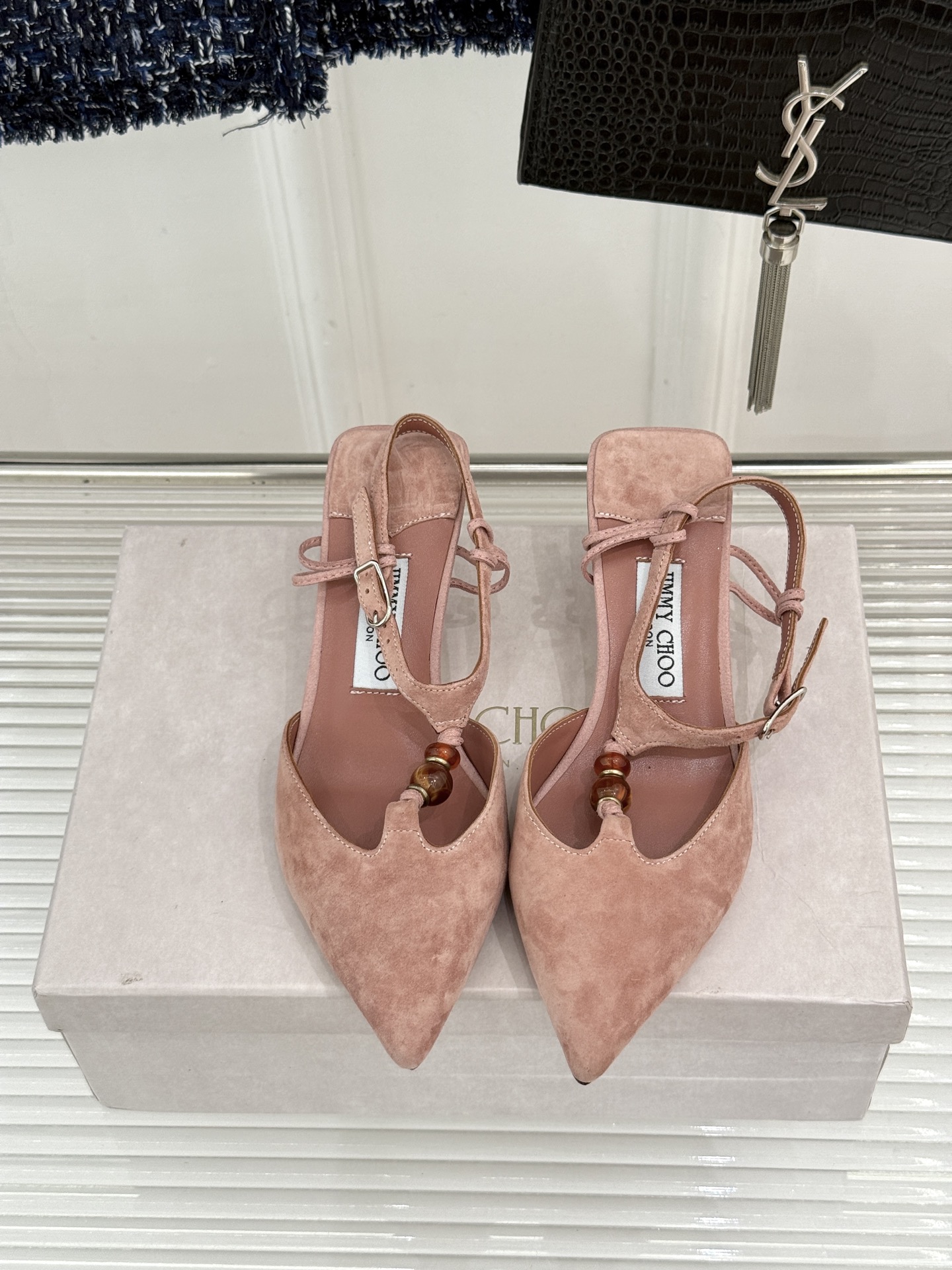 Jimmy Choo/吉米周JC26WF新品Lauri 50｜琥珀色串珠尖头高跟凉鞋吉米周26WF封神凉