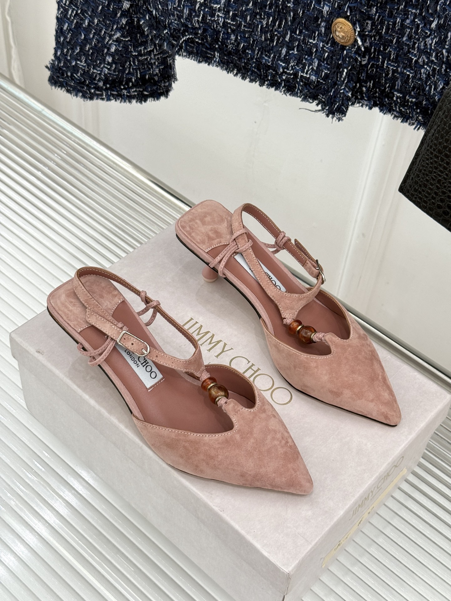 Jimmy Choo/吉米周JC26WF新品Lauri 50｜琥珀色串珠尖头高跟凉鞋吉米周26WF封神凉