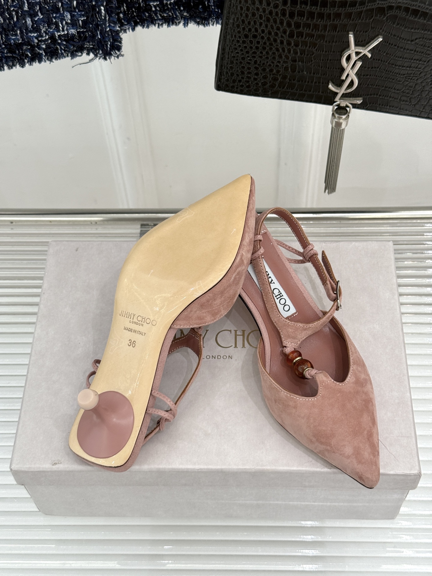 Jimmy Choo/吉米周JC26WF新品Lauri 50｜琥珀色串珠尖头高跟凉鞋吉米周26WF封神凉