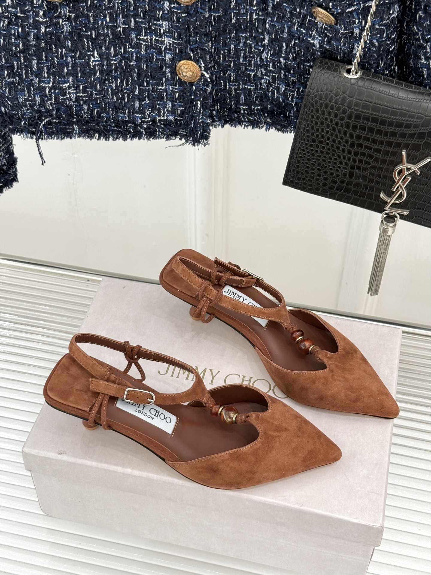 Jimmy Choo/吉米周JC26WF新品Lauri 50｜琥珀色串珠尖头高跟凉鞋吉米周26WF封神凉