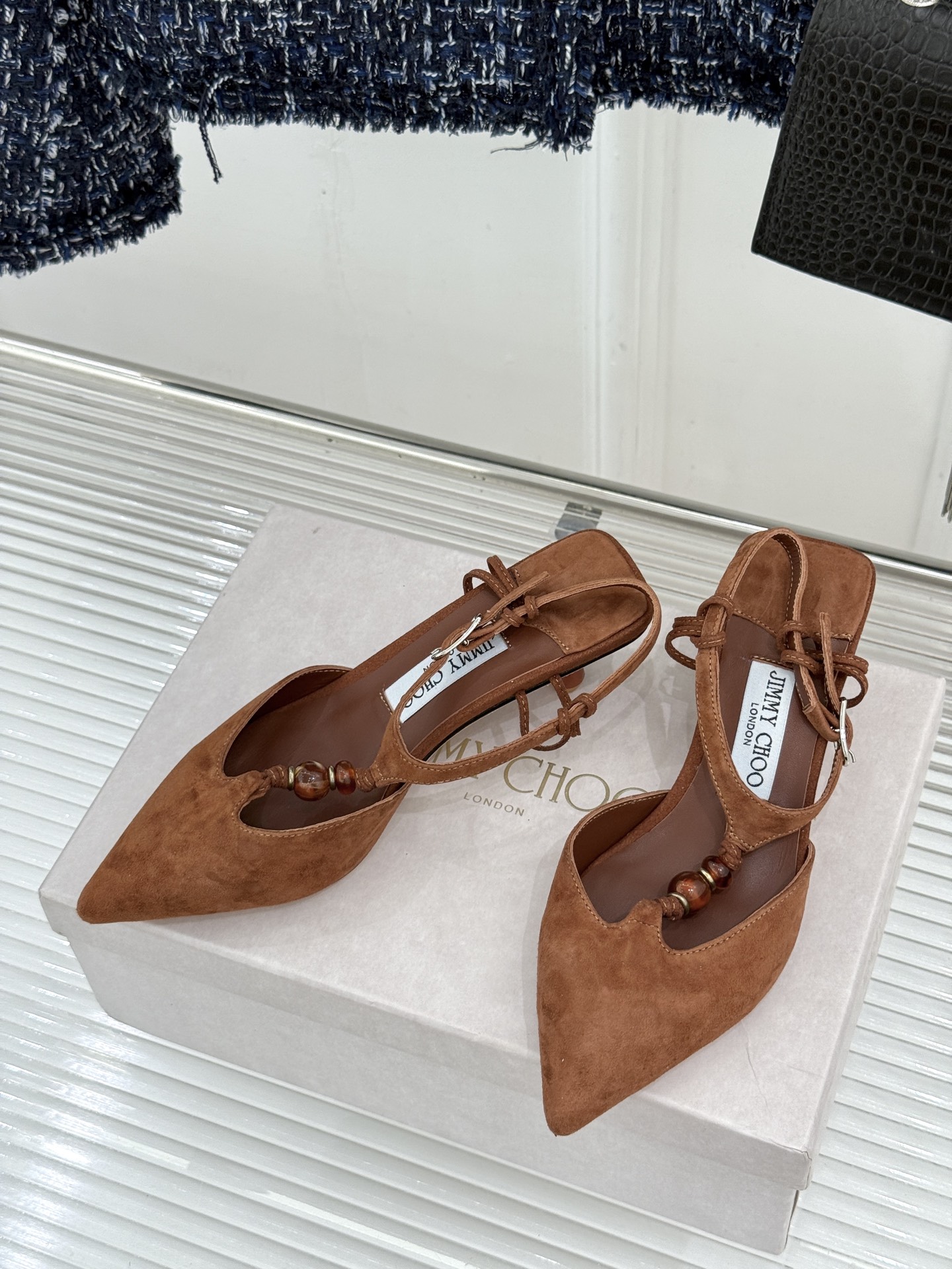 Jimmy Choo/吉米周JC26WF新品Lauri 50｜琥珀色串珠尖头高跟凉鞋吉米周26WF封神凉