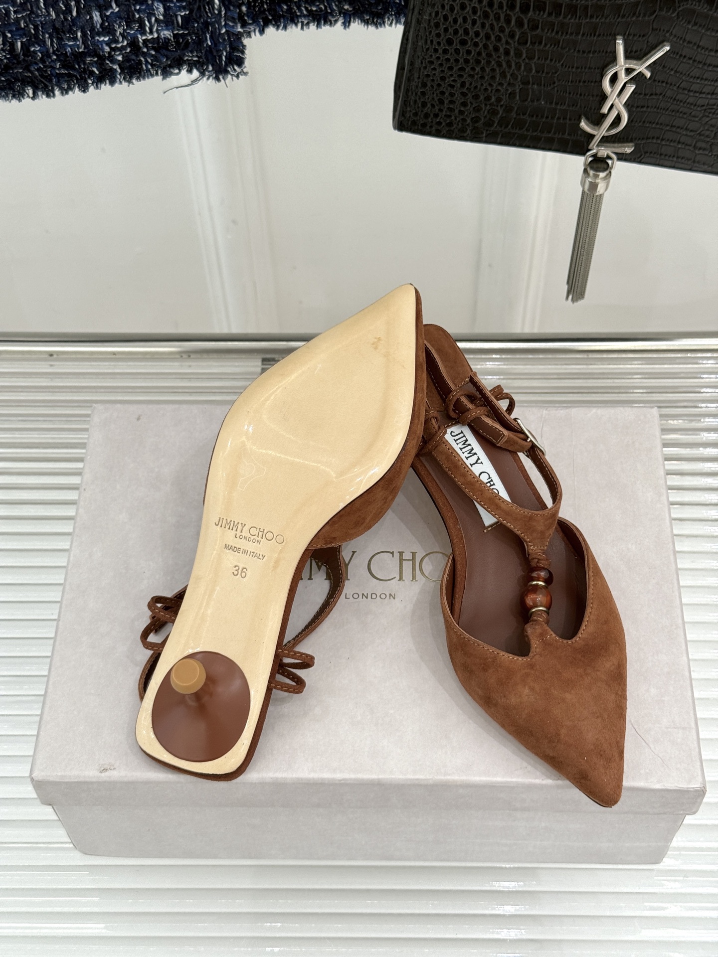 Jimmy Choo/吉米周JC26WF新品Lauri 50｜琥珀色串珠尖头高跟凉鞋吉米周26WF封神凉