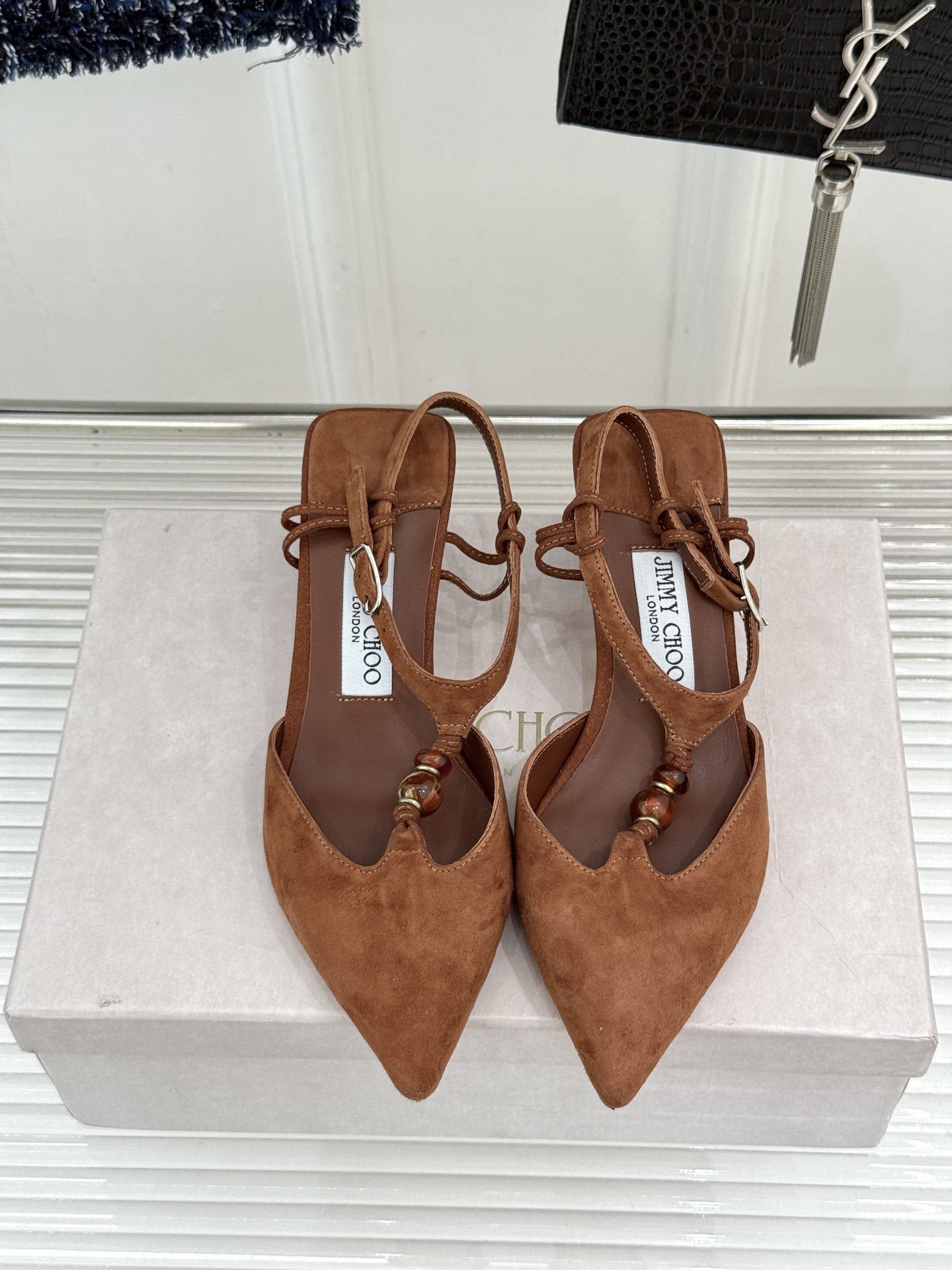 Jimmy Choo/吉米周JC26WF新品Lauri 50｜琥珀色串珠尖头高跟凉鞋吉米周26WF封神凉