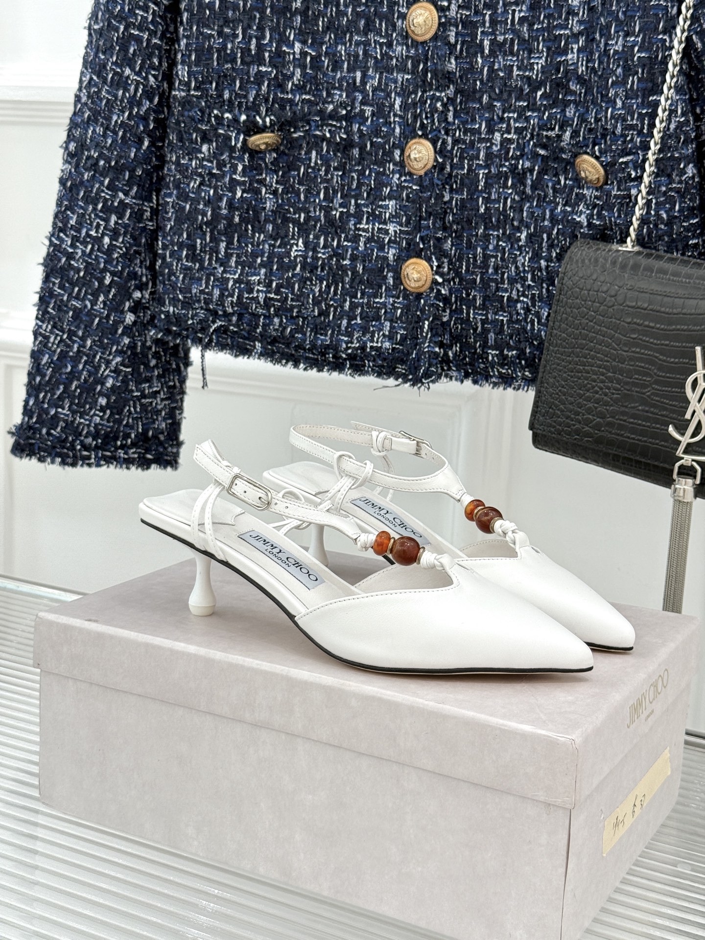Jimmy Choo/吉米周JC26WF新品Lauri 50｜琥珀色串珠尖头高跟凉鞋吉米周26WF封神凉