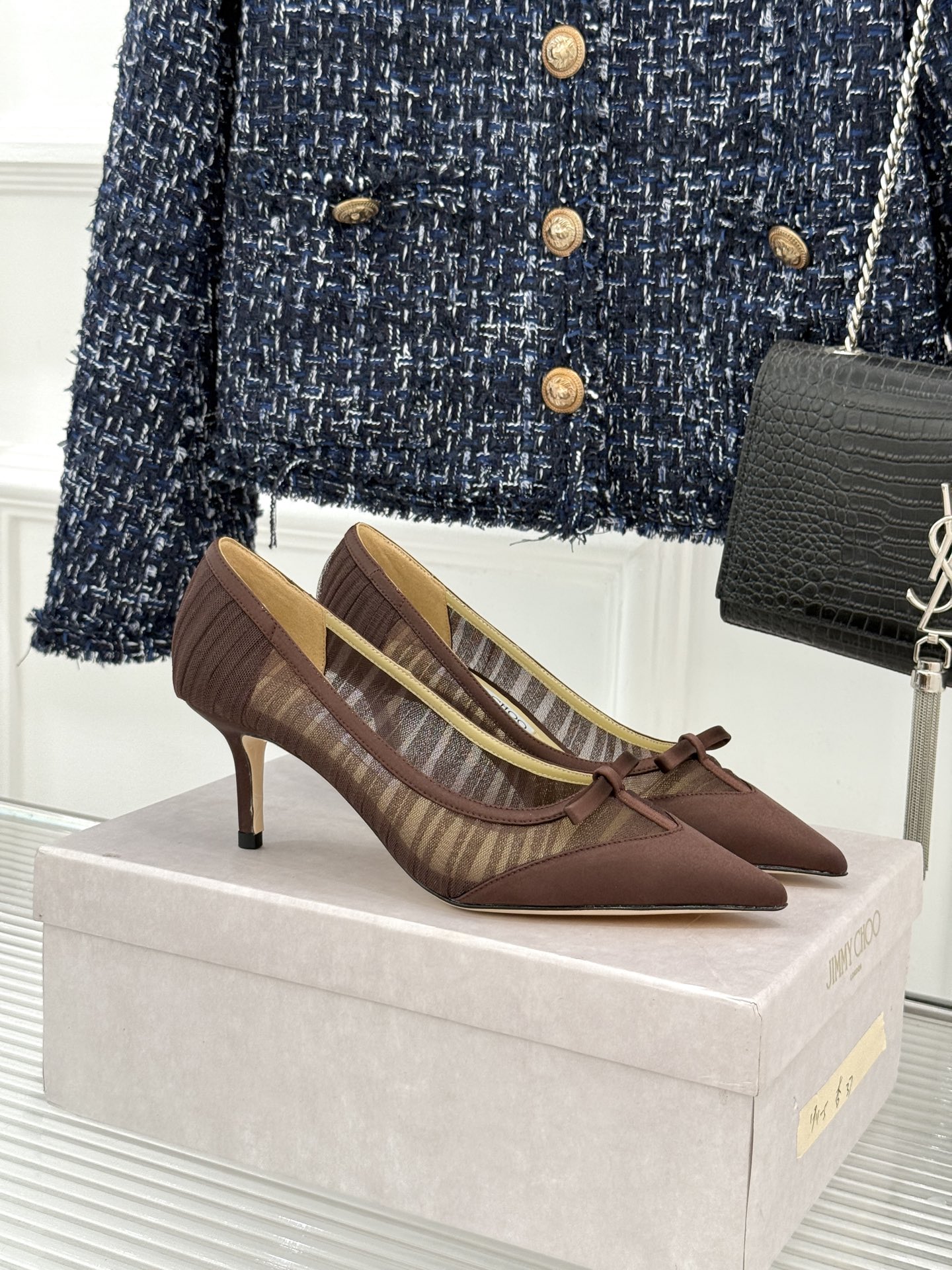 Jimmy Choo/吉米周JC26WF新品蝴蝶结尖头平底高跟鞋单鞋吉米周春夏仙女本命鞋真丝网纱漾着朦胧
