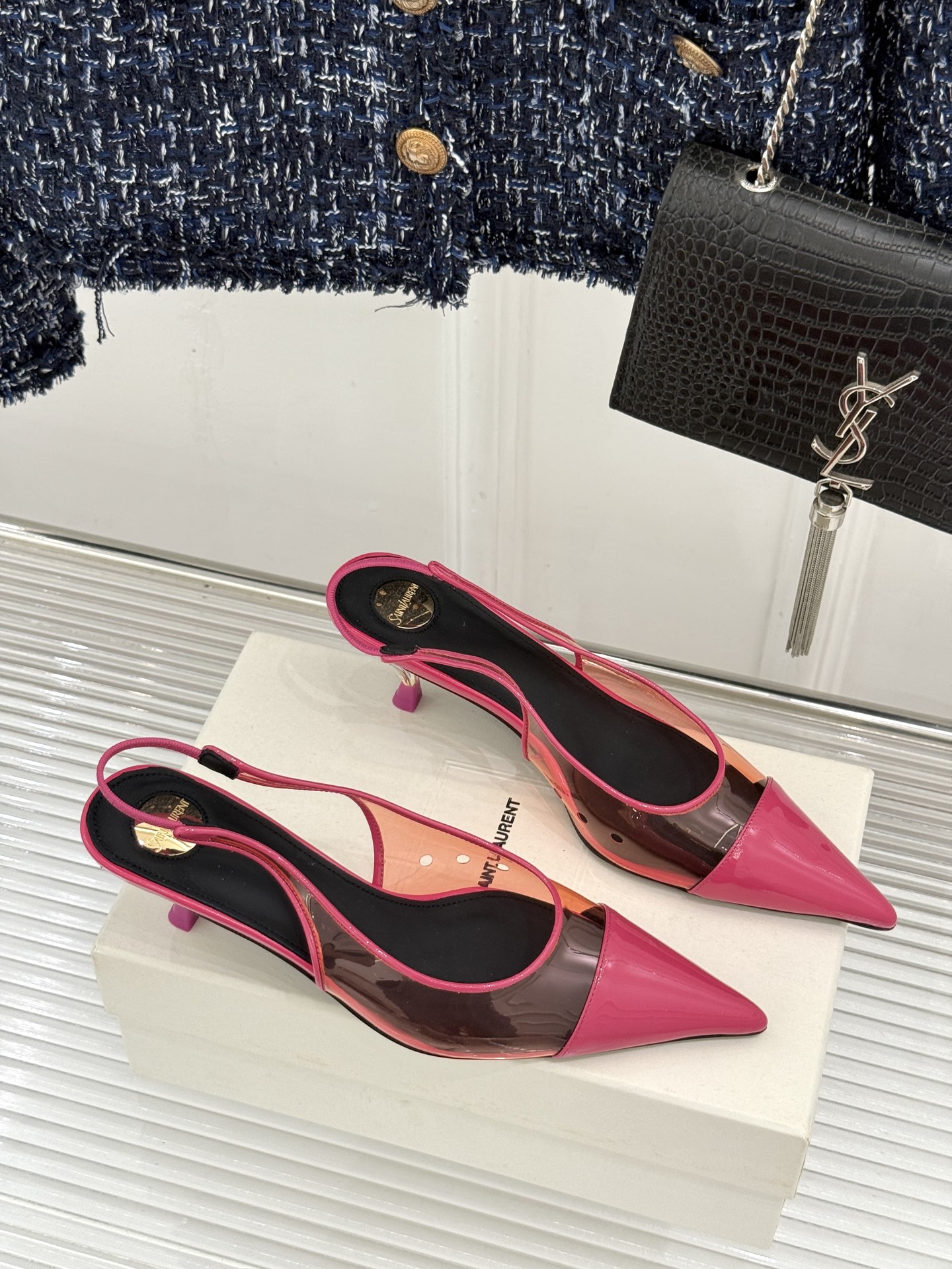 （配原版飞机盒）Saint Laurent /圣罗兰26WF新品胶片尖头后空猫跟凉鞋把暗夜电影感穿在脚上