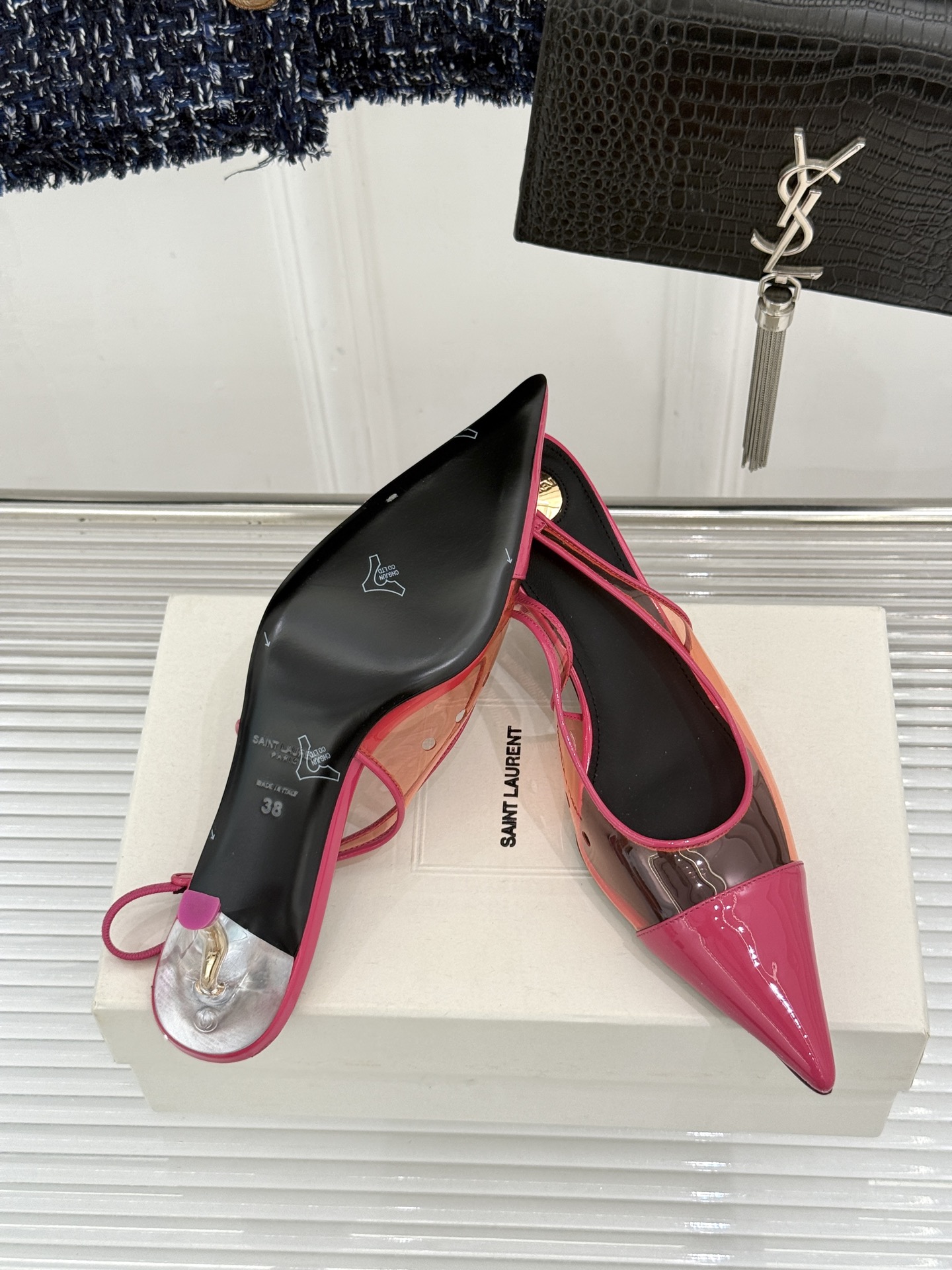 （配原版飞机盒）Saint Laurent /圣罗兰26WF新品胶片尖头后空猫跟凉鞋把暗夜电影感穿在脚上