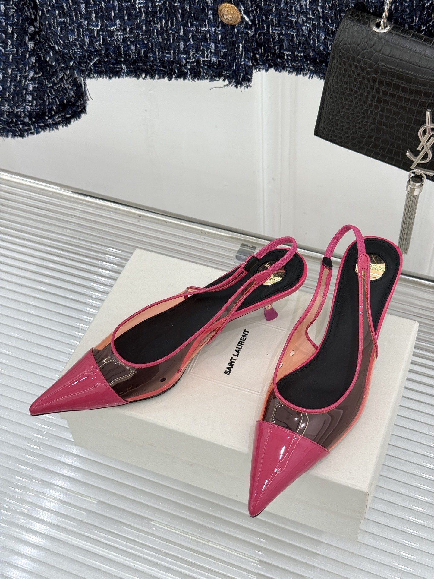 （配原版飞机盒）Saint Laurent /圣罗兰26WF新品胶片尖头后空猫跟凉鞋把暗夜电影感穿在脚上