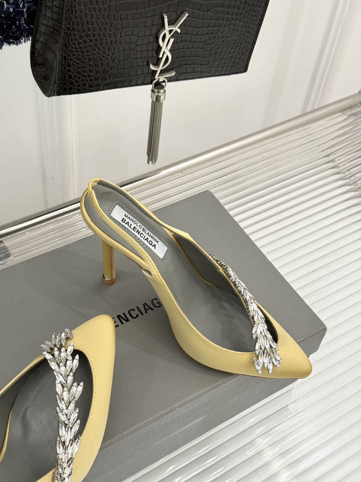 Balenciaga x Manolo Blahnik联盟款26WF新品水晶叶真丝高跟拖鞋凉鞋巴黎世家联