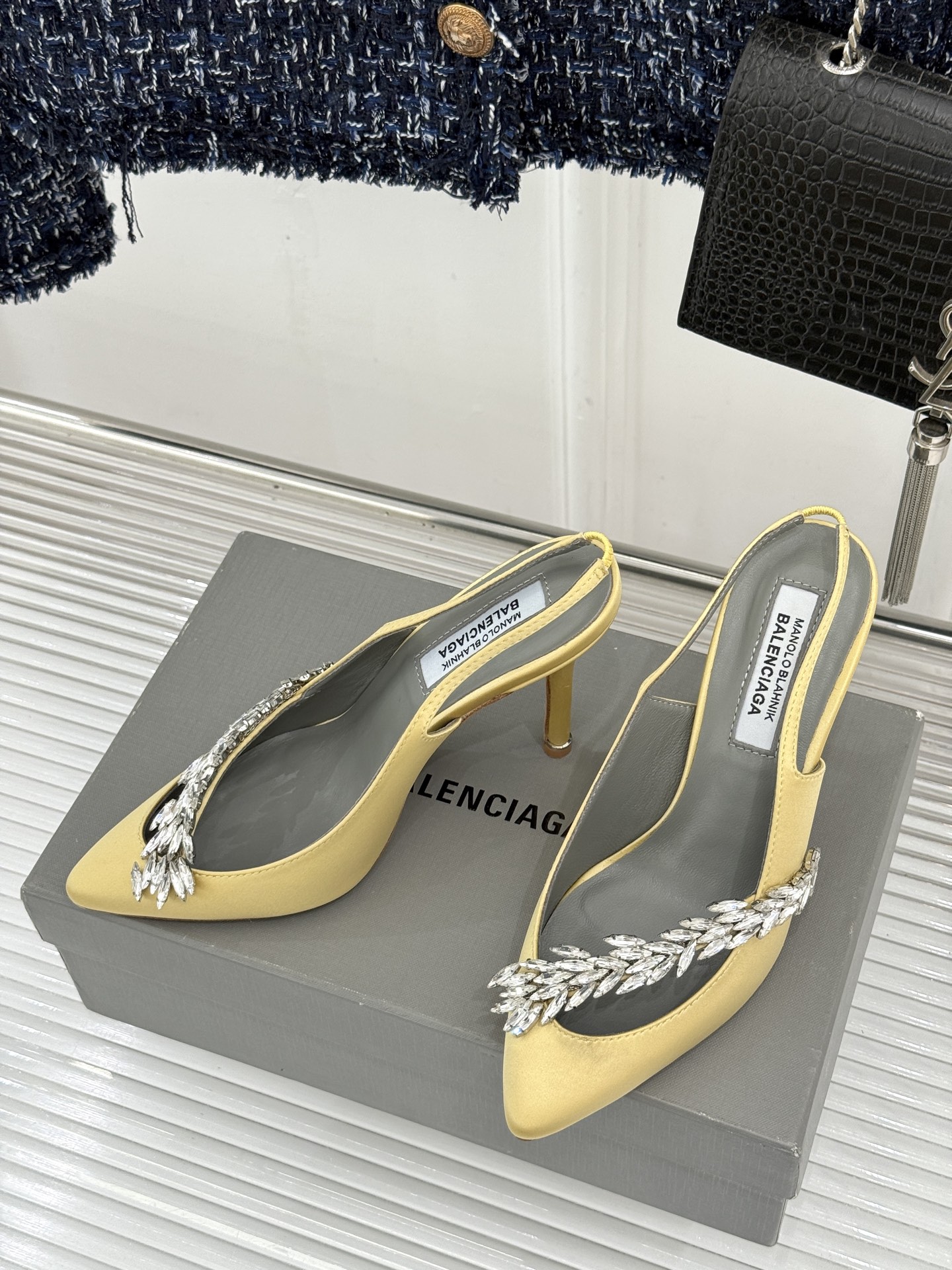 Balenciaga x Manolo Blahnik联盟款26WF新品水晶叶真丝高跟拖鞋凉鞋巴黎世家联