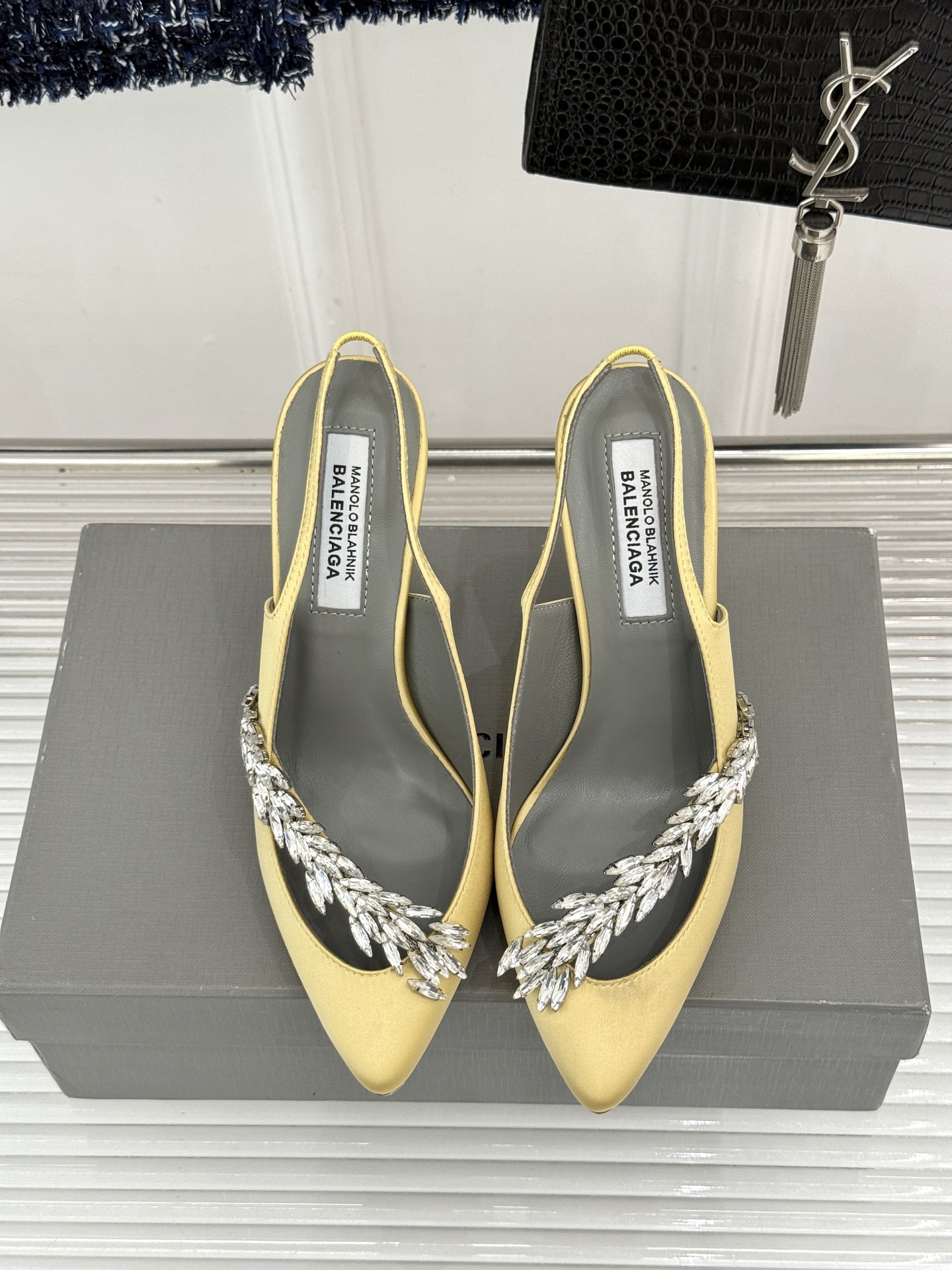 Balenciaga x Manolo Blahnik联盟款26WF新品水晶叶真丝高跟拖鞋凉鞋巴黎世家联