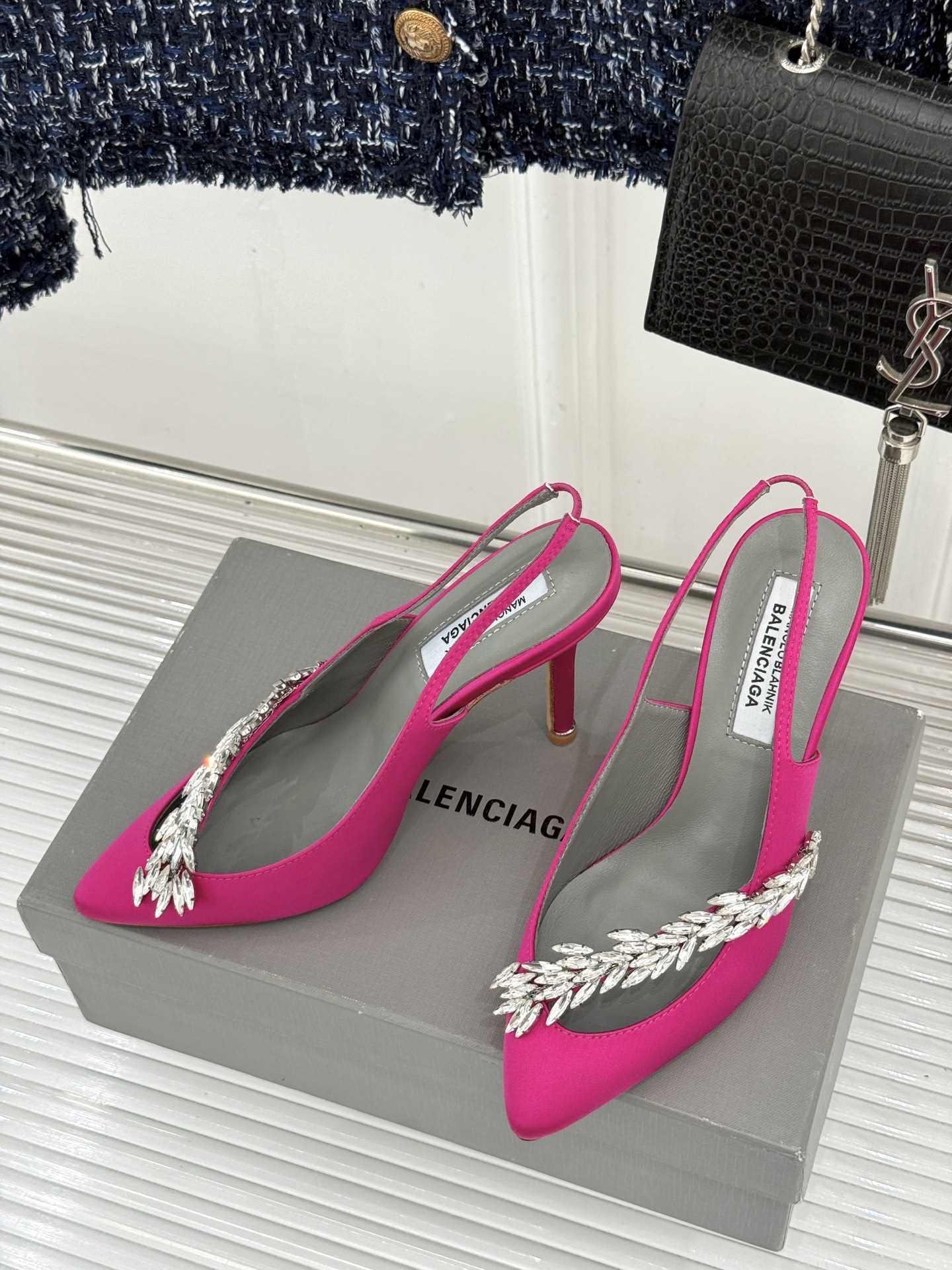 Balenciaga x Manolo Blahnik联盟款26WF新品水晶叶真丝高跟拖鞋凉鞋巴黎世家联