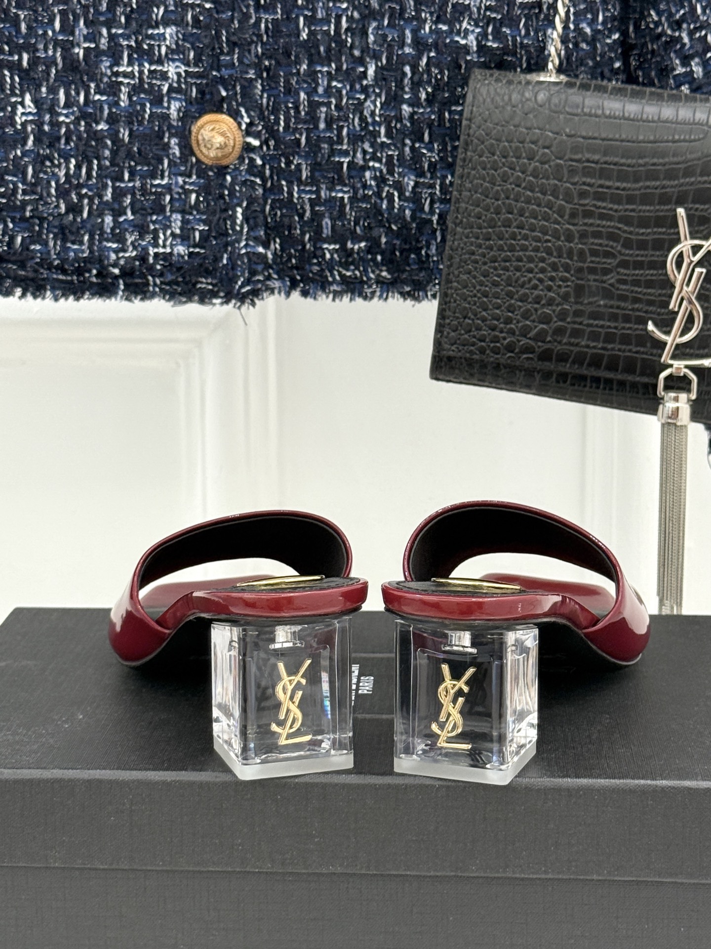 Saint Laurent /圣罗兰26WF新品一字带透明跟方头粗跟拖鞋方头廓形利落又高级透明粗跟稳当显