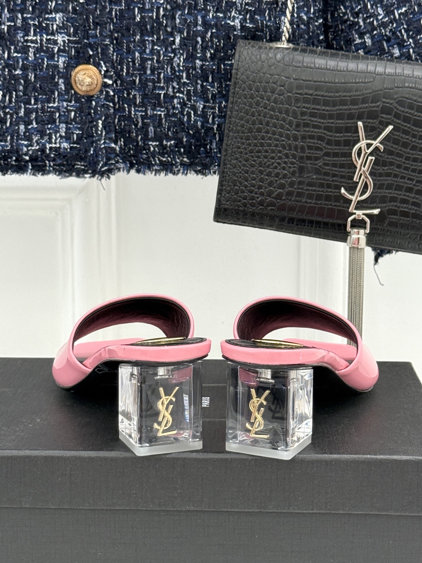 Saint Laurent /圣罗兰26WF新品一字带透明跟方头粗跟拖鞋方头廓形利落又高级透明粗跟稳当显