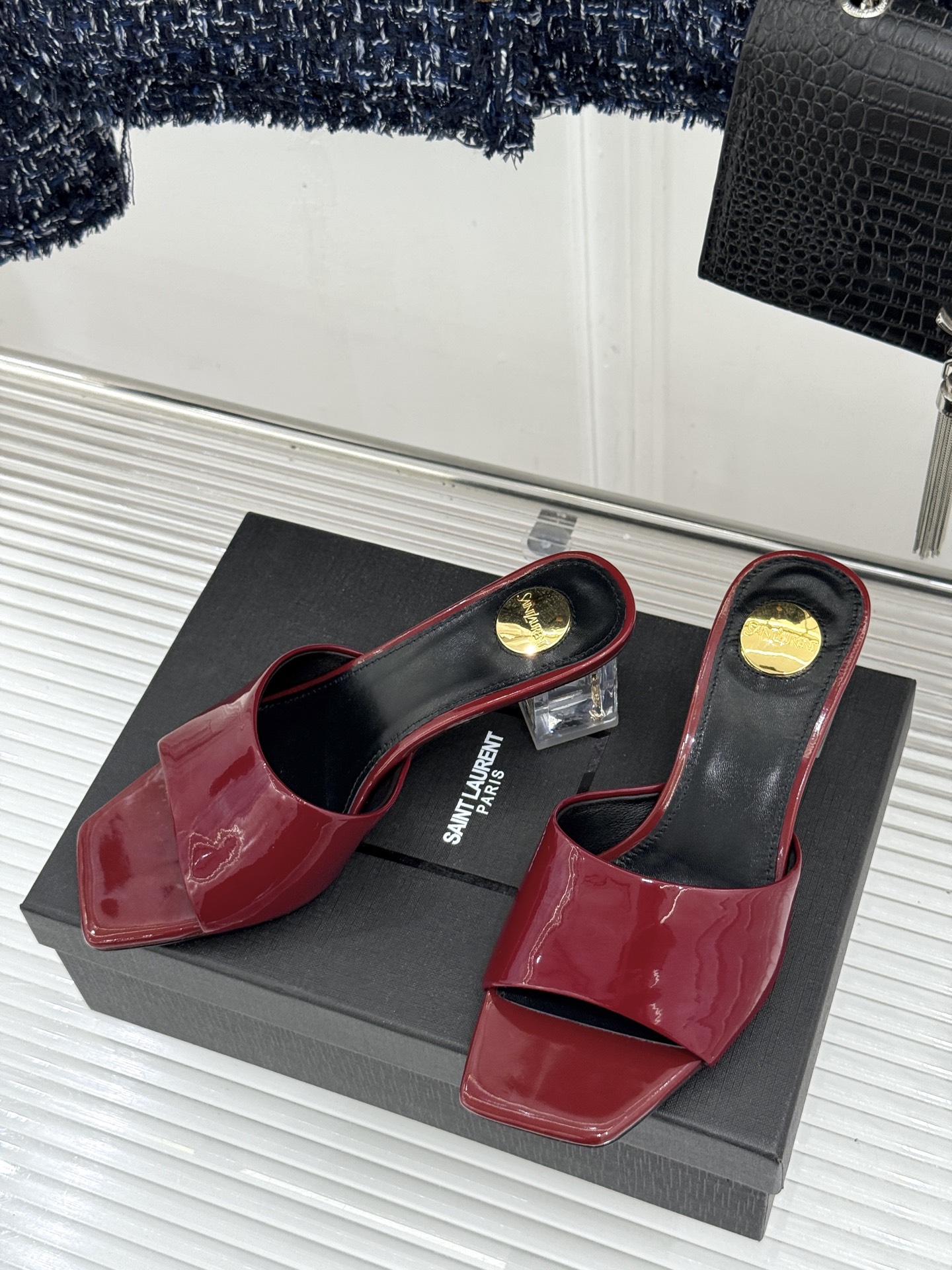 Saint Laurent /圣罗兰26WF新品一字带透明跟方头粗跟拖鞋方头廓形利落又高级透明粗跟稳当显