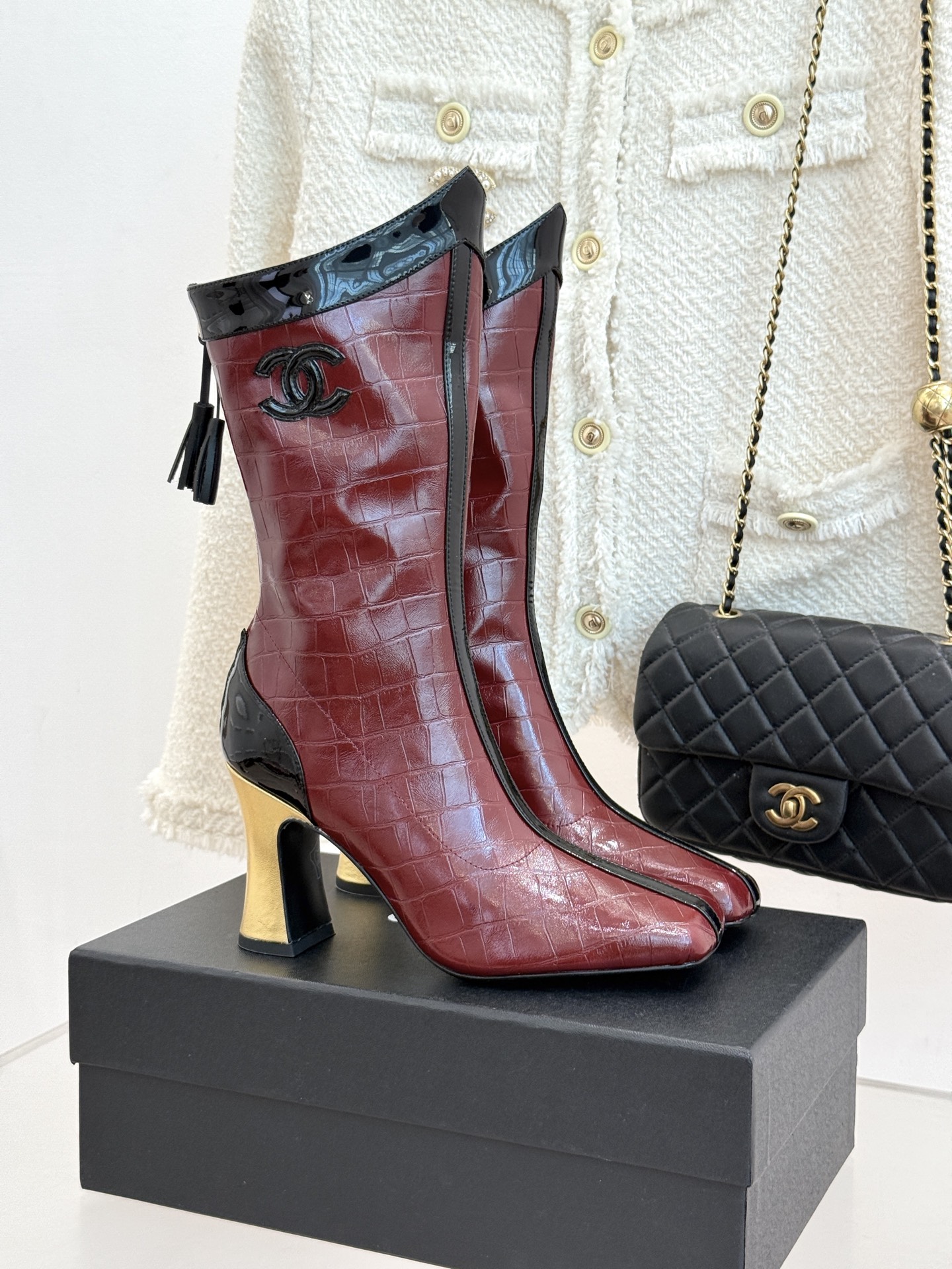 CHANE*｜小香26A秋冬新品 双C拼接方头金属跟高跟长靴 秋冬鞋柜必有它位置 时髦精闭眼入不亏 解锁秋冬穿搭万能密码