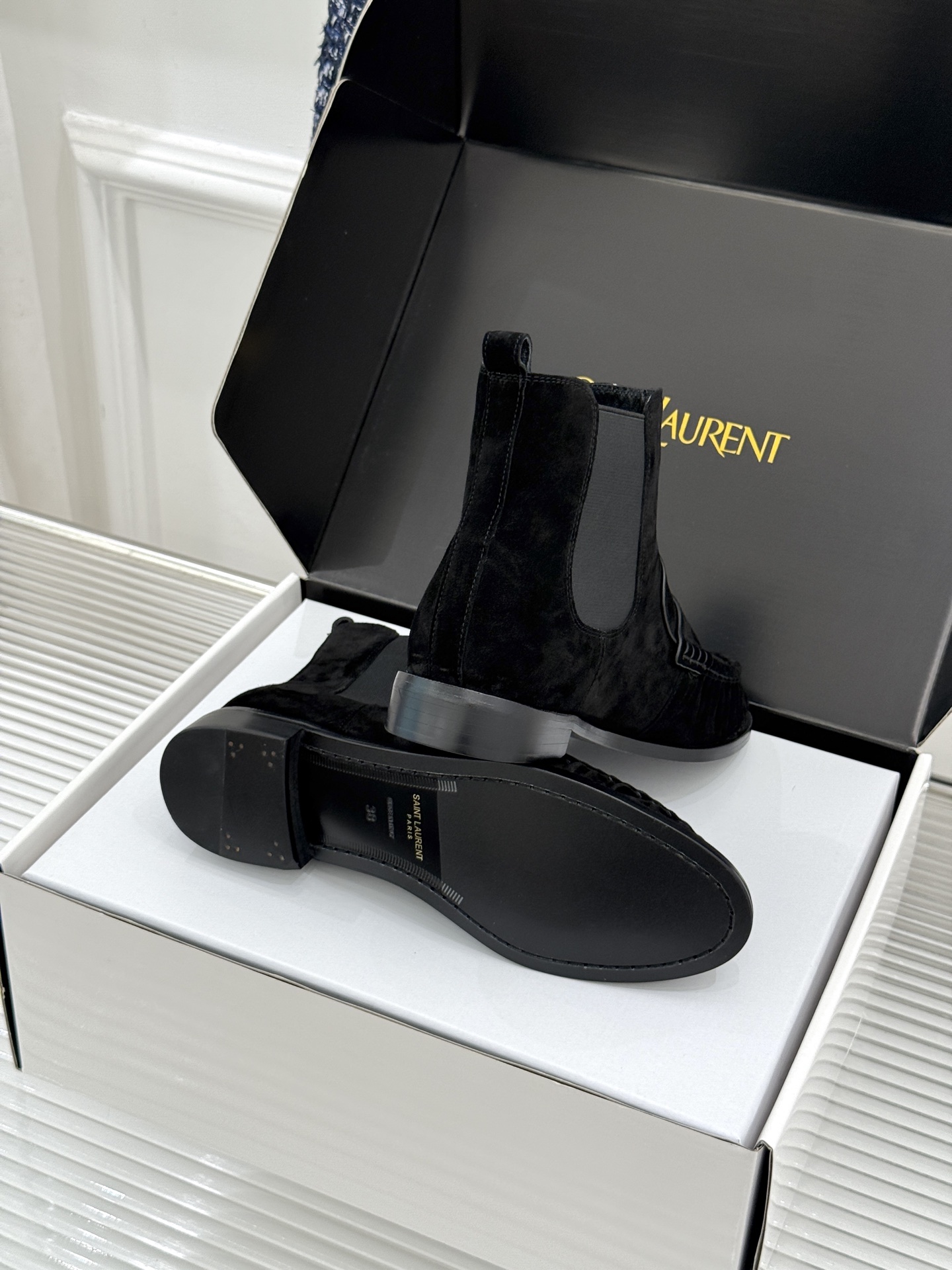 （配原版飞机盒） saintlaurent/YSL圣罗兰26WF 新品褶皱切尔西短靴 秋冬衣橱必备酷飒单品 上脚秒变摩登