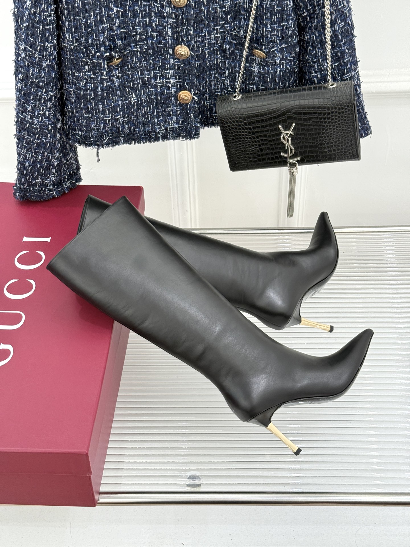 Gucci Pointed Bamboo Heel Knee-High Leather Boots