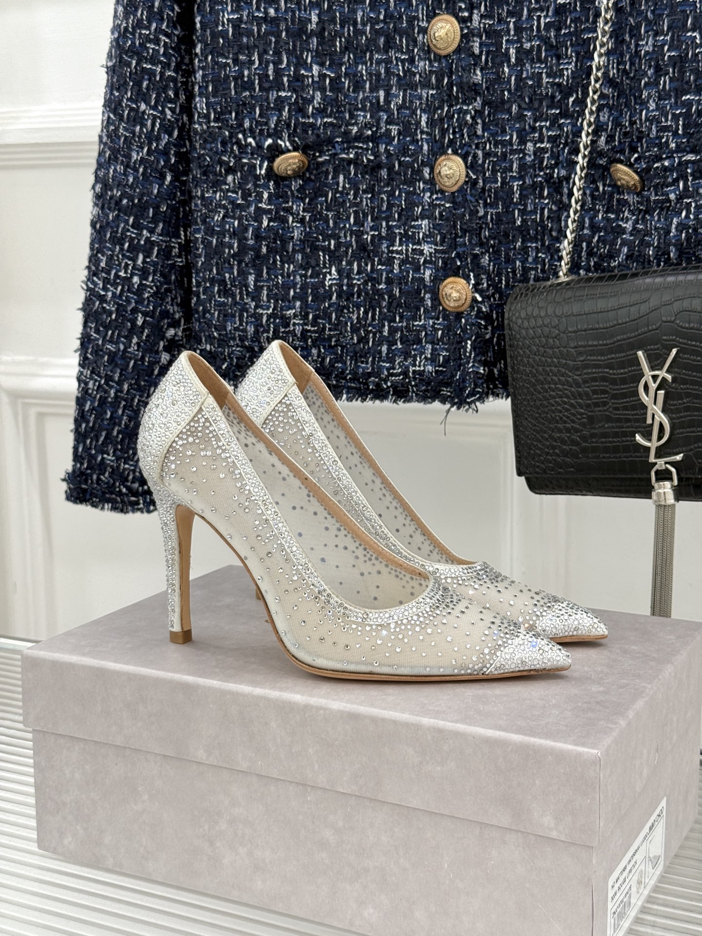 Jimmy Choo/吉米周26WF新品 网纱水钻侧空细跟高跟鞋婚鞋 网纱晕开朦胧柔光 水钻渐变随步摇曳 侧空衬得脚踝纤