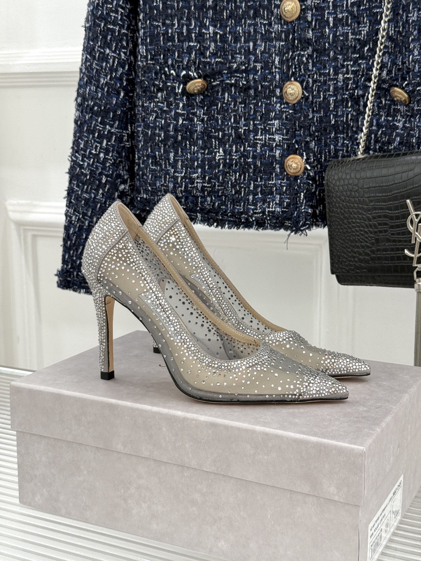 Jimmy Choo/吉米周26WF新品 网纱水钻侧空细跟高跟鞋婚鞋 网纱晕开朦胧柔光 水钻渐变随步摇曳 侧空衬得脚踝纤