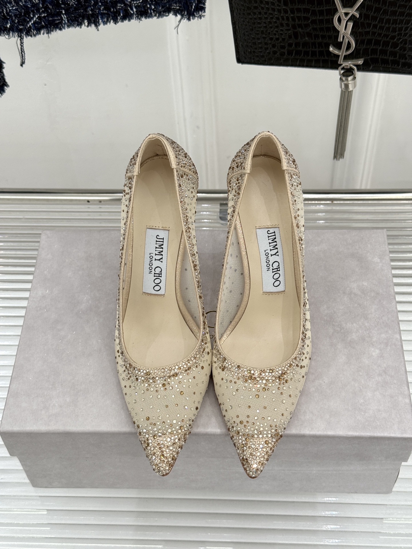 Jimmy Choo/吉米周26WF新品 网纱水钻侧空细跟高跟鞋婚鞋 网纱晕开朦胧柔光 水钻渐变随步摇曳 侧空衬得脚踝纤