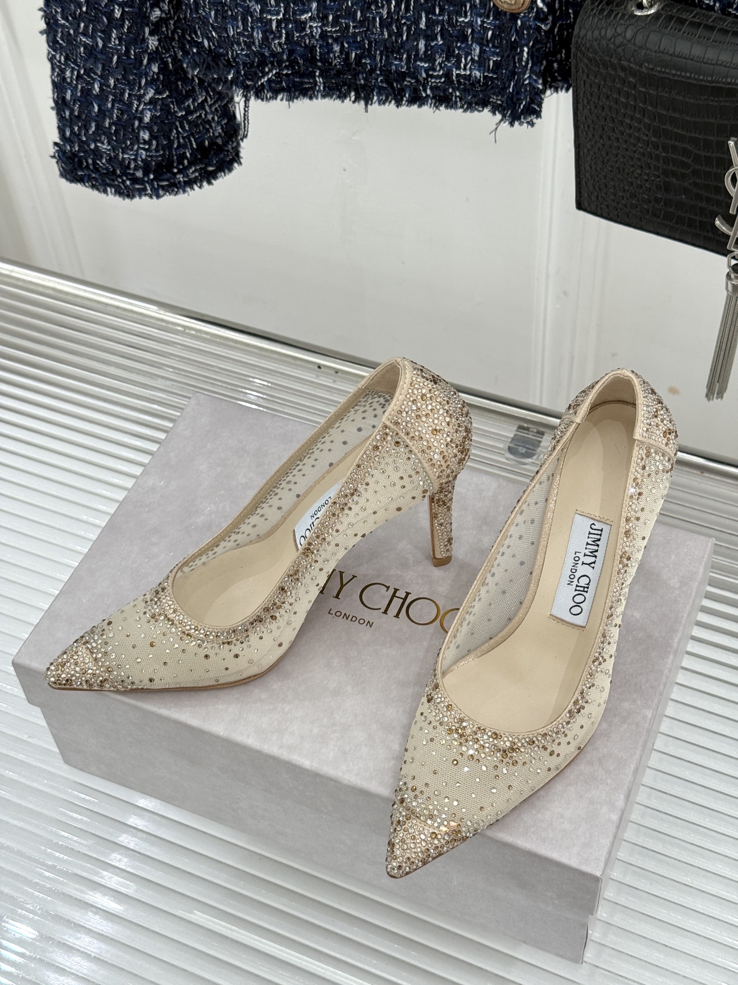 Jimmy Choo/吉米周26WF新品 网纱水钻侧空细跟高跟鞋婚鞋 网纱晕开朦胧柔光 水钻渐变随步摇曳 侧空衬得脚踝纤