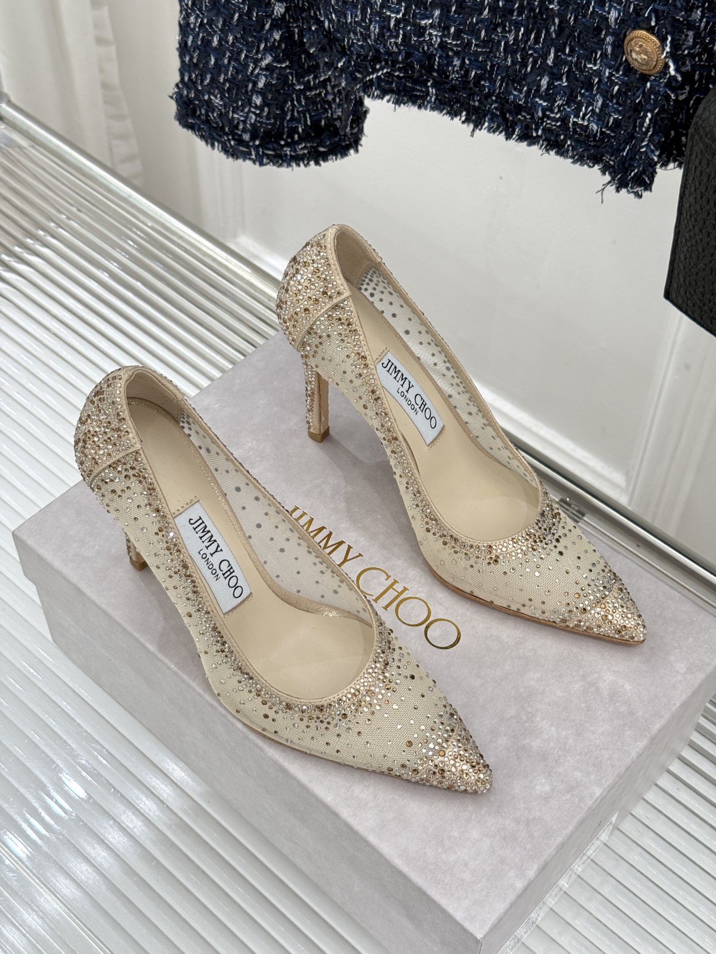 Jimmy Choo/吉米周26WF新品 网纱水钻侧空细跟高跟鞋婚鞋 网纱晕开朦胧柔光 水钻渐变随步摇曳 侧空衬得脚踝纤