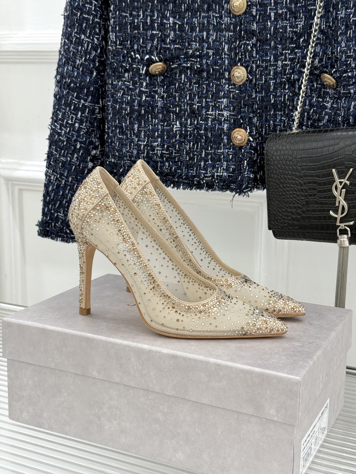 Jimmy Choo/吉米周26WF新品 网纱水钻侧空细跟高跟鞋婚鞋 网纱晕开朦胧柔光 水钻渐变随步摇曳 侧空衬得脚踝纤