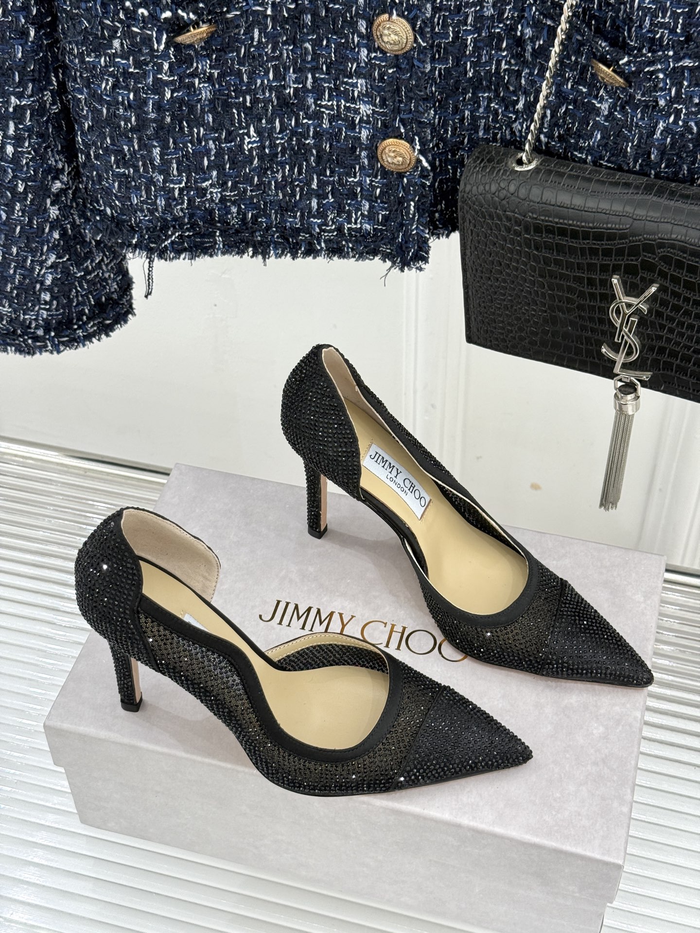 Jimmy Choo/吉米周26WF新品 水晶饰网眼布高跟鞋婚鞋 网眼布缀满细碎水晶 侧空衬得脚踝纤细 细跟托出优雅感 