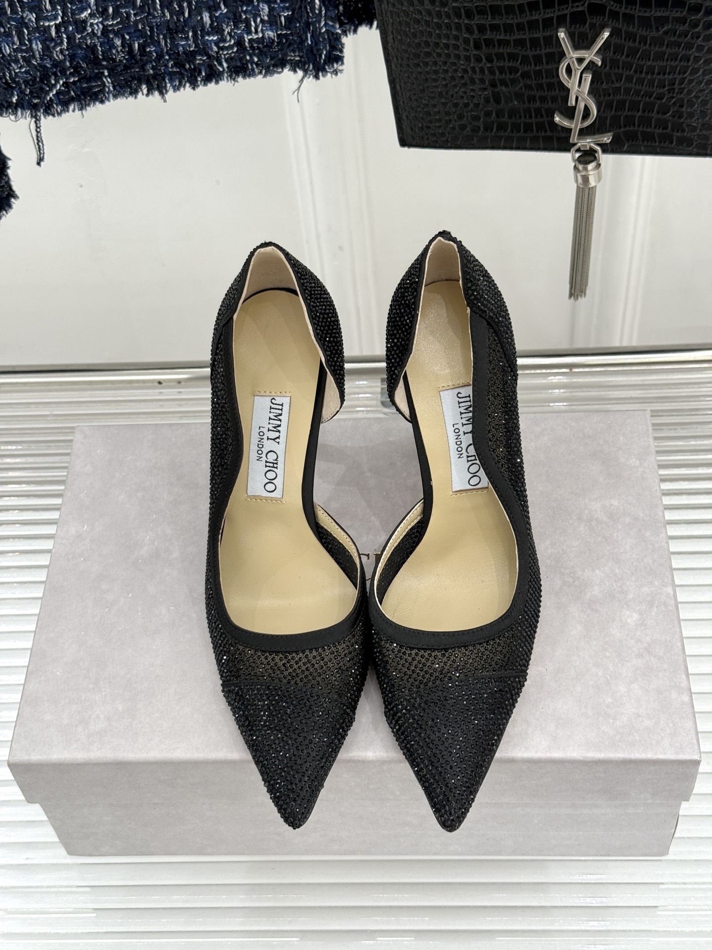Jimmy Choo/吉米周26WF新品 水晶饰网眼布高跟鞋婚鞋 网眼布缀满细碎水晶 侧空衬得脚踝纤细 细跟托出优雅感 