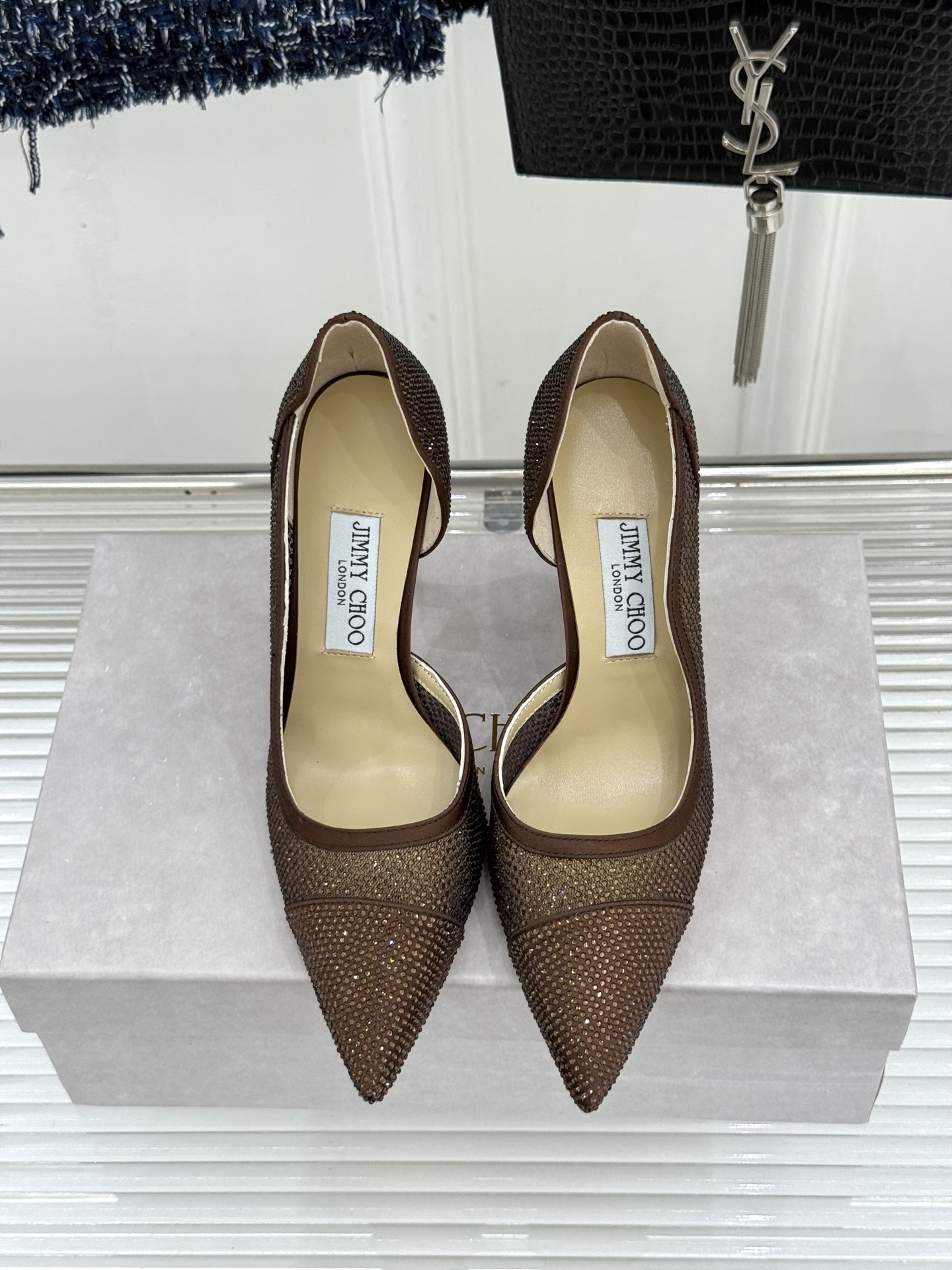 Jimmy Choo/吉米周26WF新品 水晶饰网眼布高跟鞋婚鞋 网眼布缀满细碎水晶 侧空衬得脚踝纤细 细跟托出优雅感 