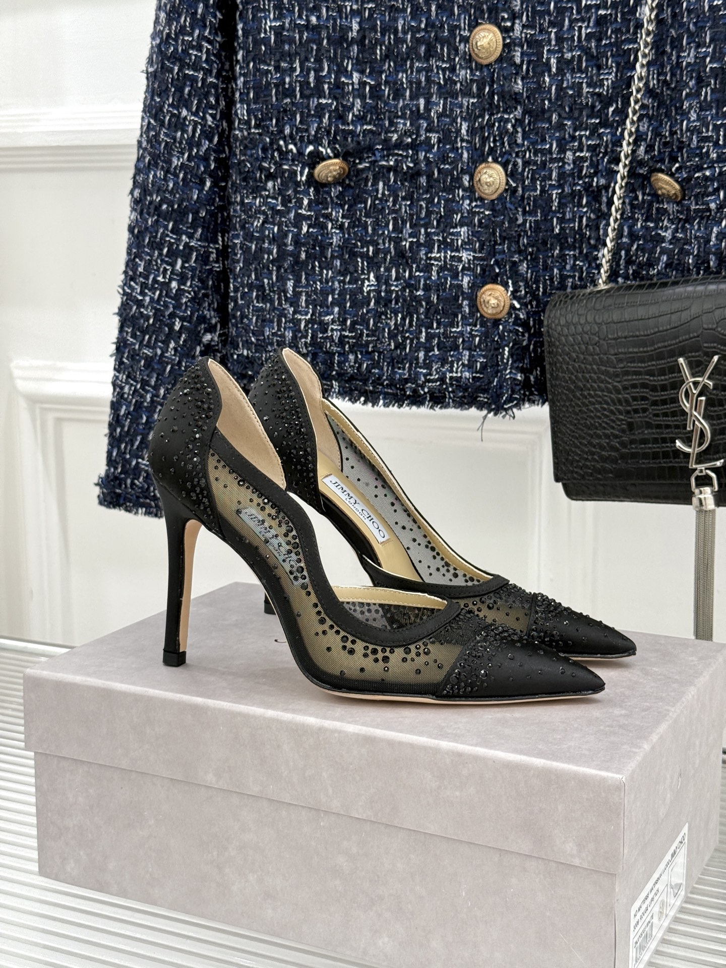 Jimmy Choo/吉米周26WF新品 网纱水钻侧空细跟高跟鞋婚鞋 网纱晕开柔雾感 水钻细碎闪着星光 侧空勾勒精致脚踝