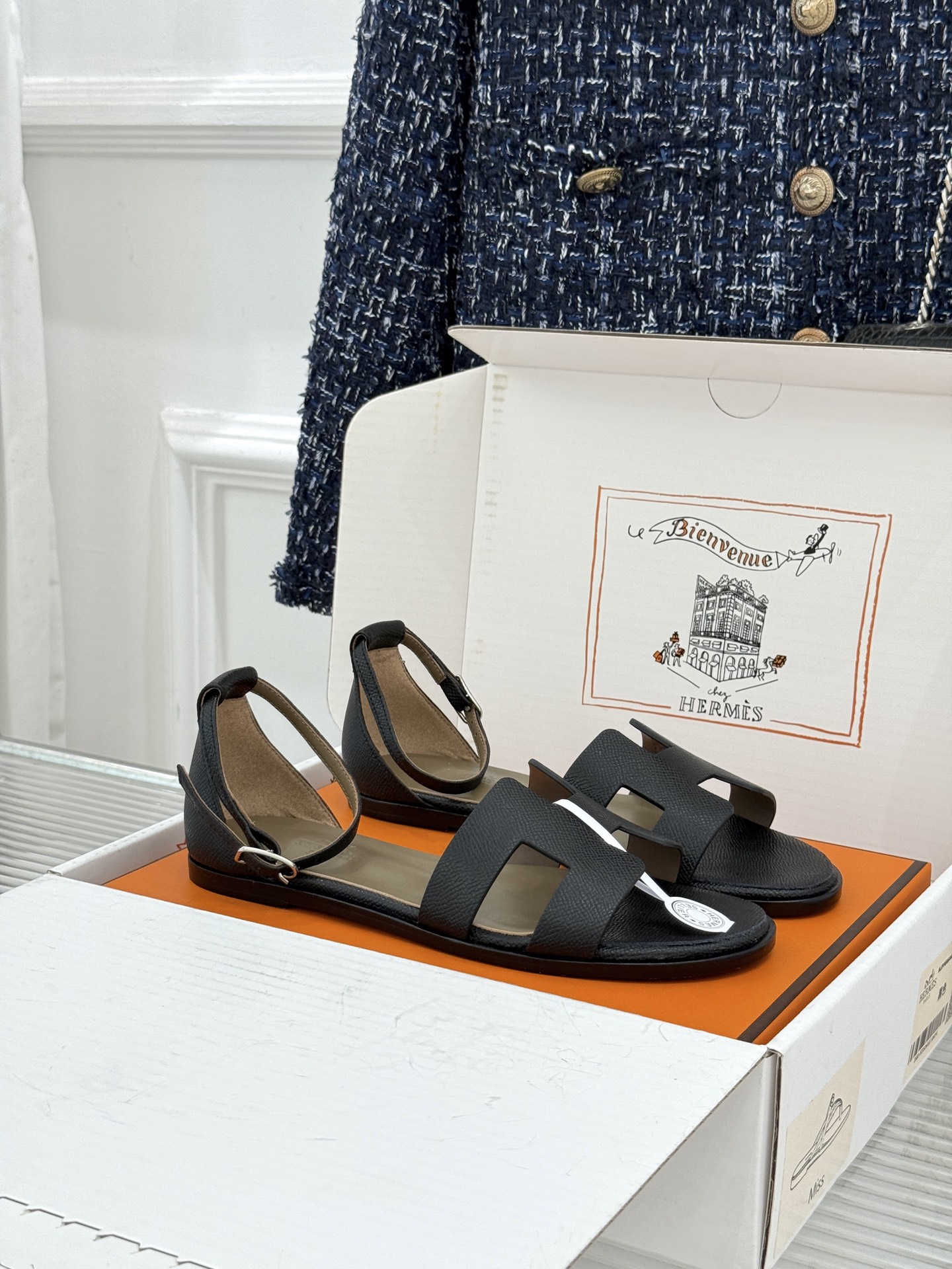 Hermes Black H Ankle Strap Sandals