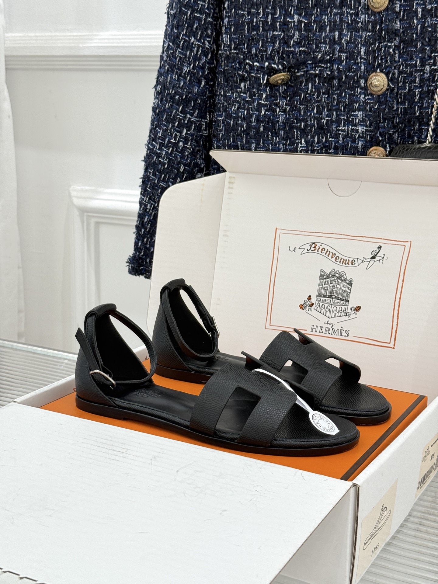 Hermes Black H Ankle Strap Sandals