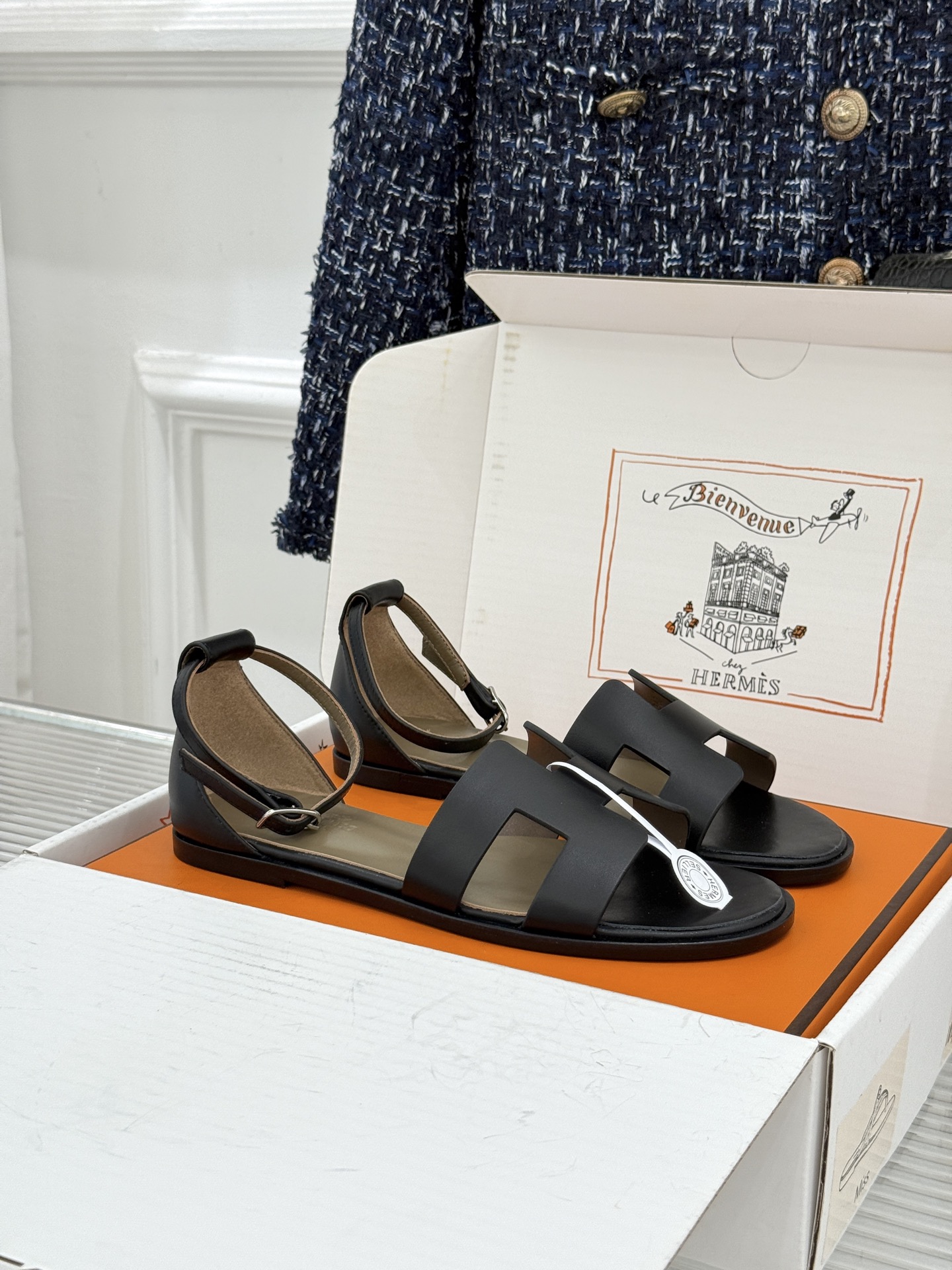 Hermes Black H Ankle Strap Sandals