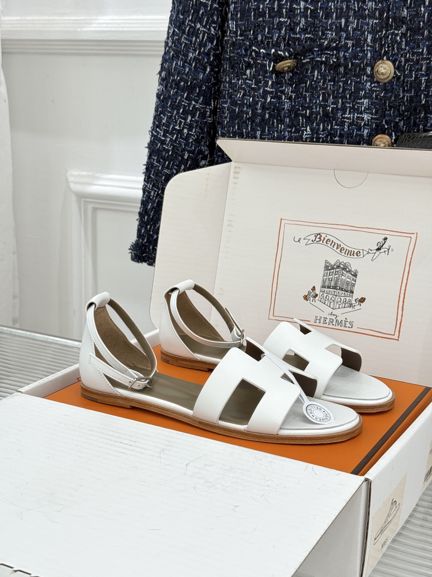 Hermes White H Ankle Strap Sandals