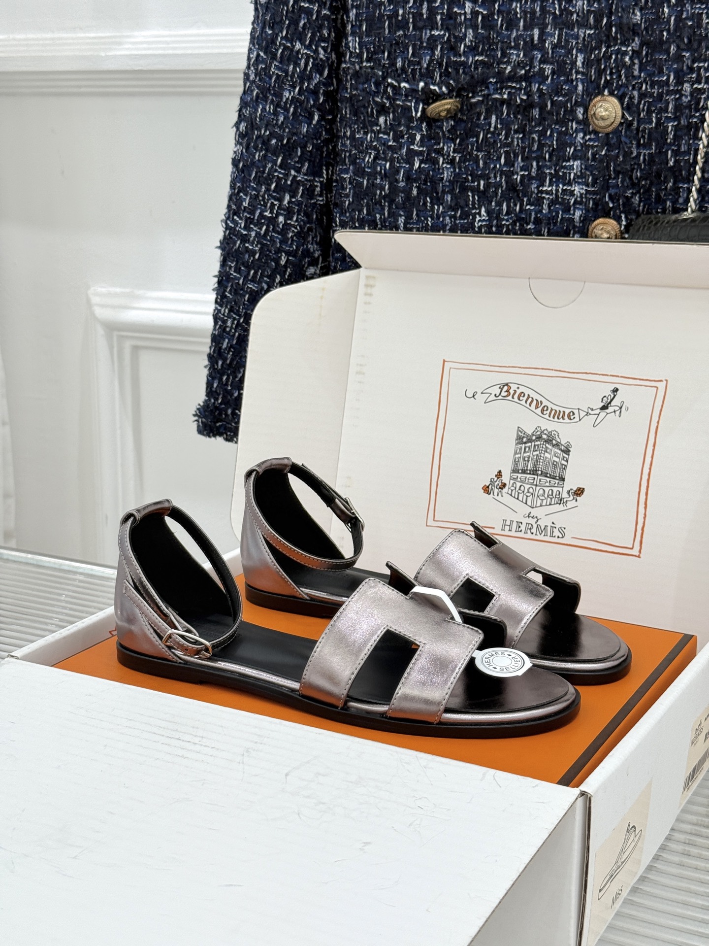 Hermes Silver H Ankle Strap Sandals