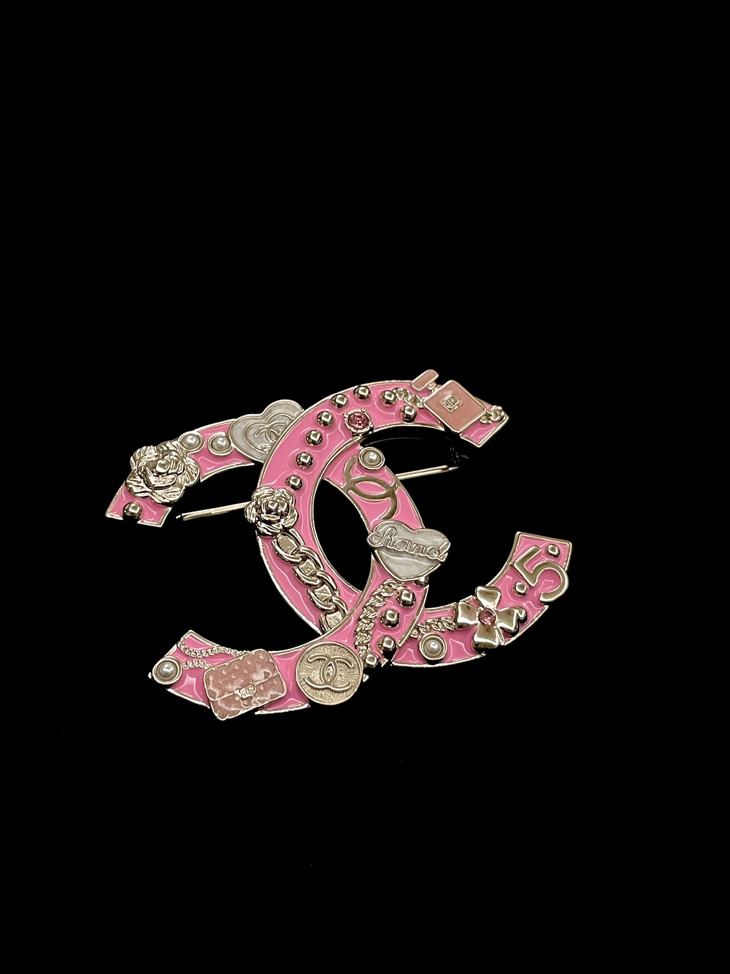 Chanel Juwelen Brosche Schwarz Rosa Mit Diamanten besetzt Sommerkollektion Vintage