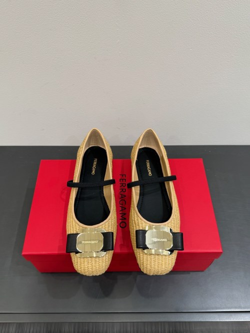 Ferragamo Woven Mary Jane Ballet Flats with Bow and Buckle - Classic Style