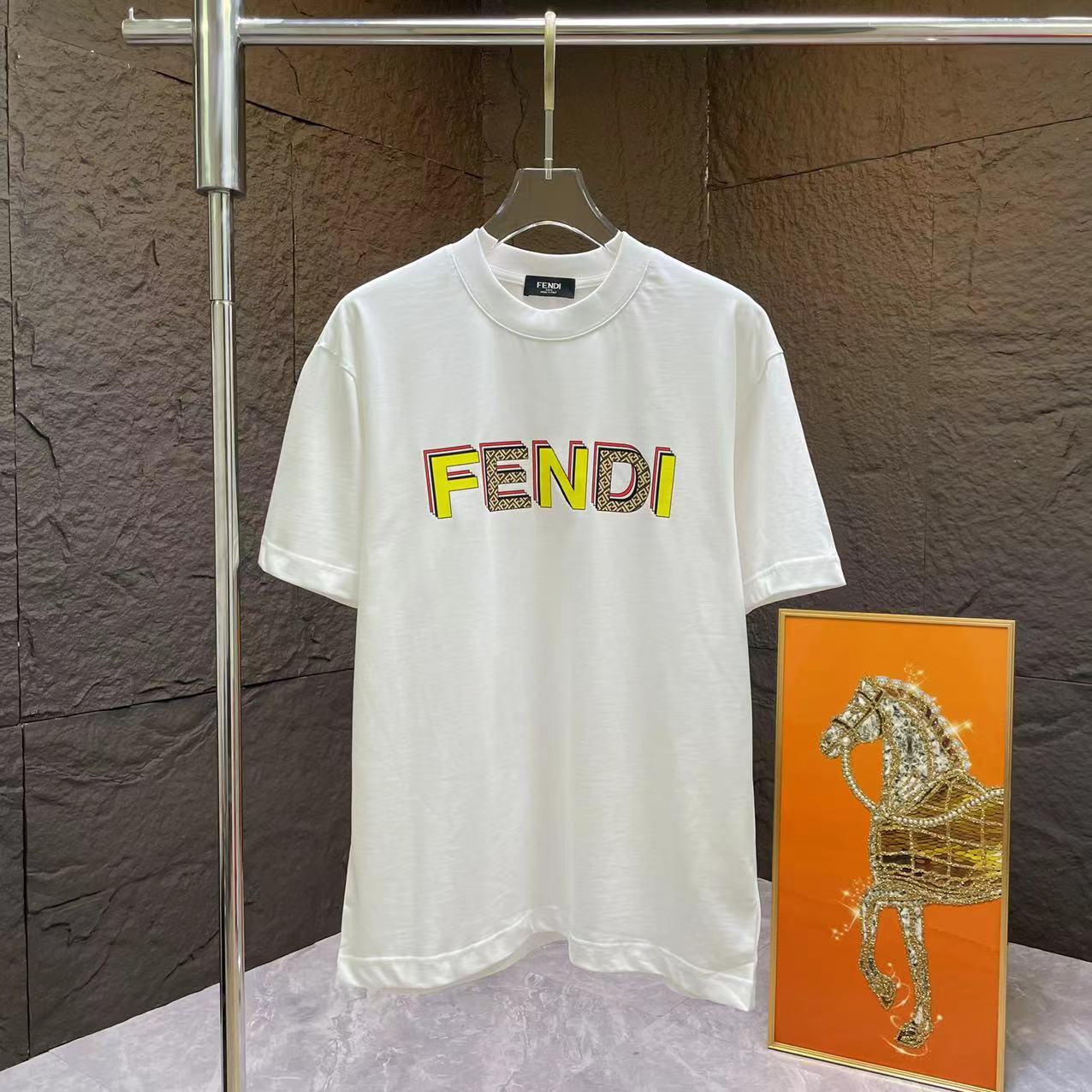 Camiseta de manga corta FEND* (Fendi*) para primavera/verano 2024, estampado de alta calidad, tejido de algodón puro im…