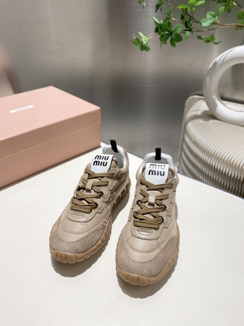 Miu Miu Women's Beige Leather & Fabric Chunky Sole Lace-Up Sneakers