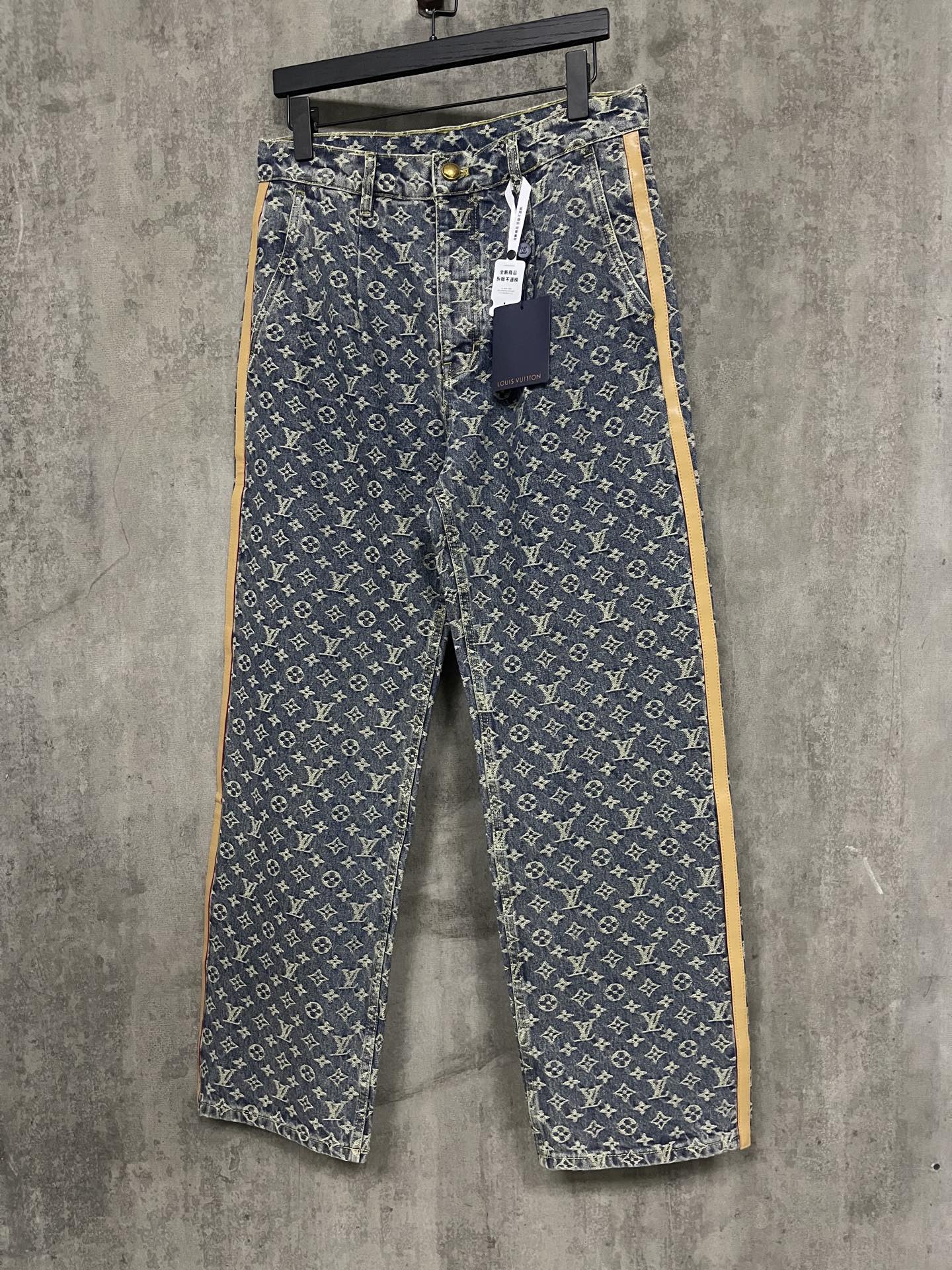 P235 LOUIS VUITTON 25SS Pantalones vaqueros de algodón puro con pliegues y jacquard de estampado completo. Tejido: vaqu…