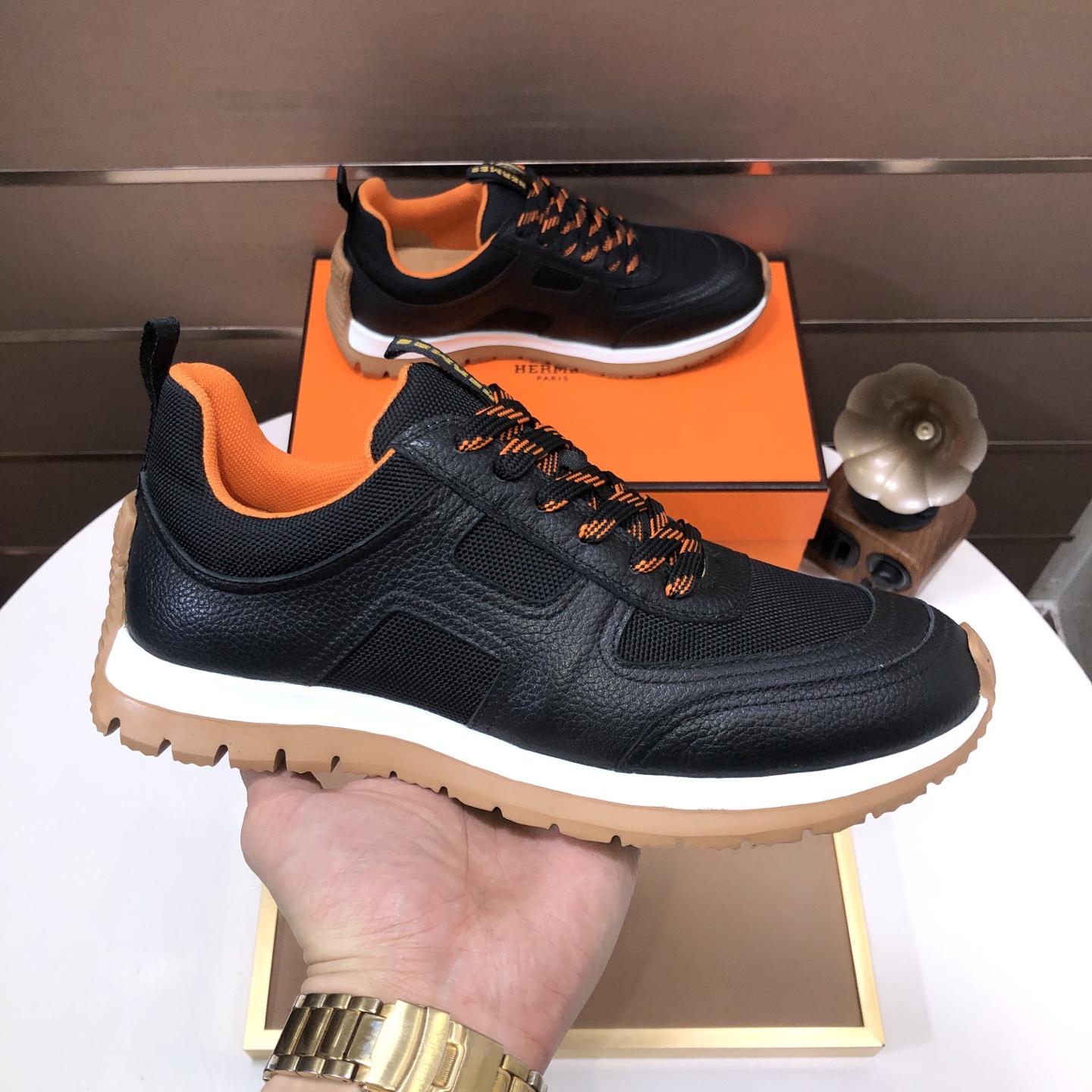 Hermes Men's Black Leather Sneakers With Orange Accents, Size 38-44 5 i1744223989397 5713 0 3