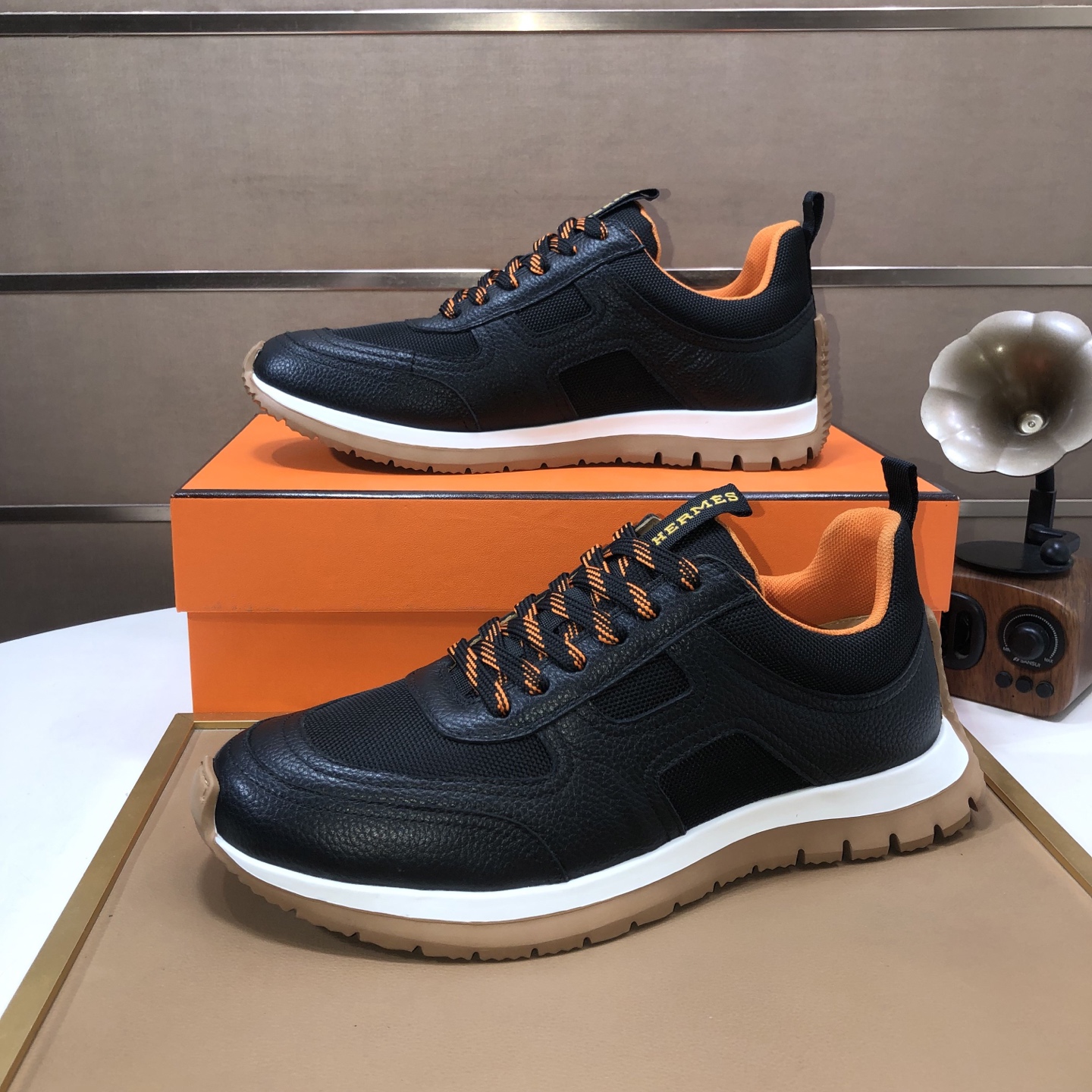 Hermes Men's Black Leather Sneakers With Orange Accents, Size 38-44 6 i1744223989459 6028 0 4