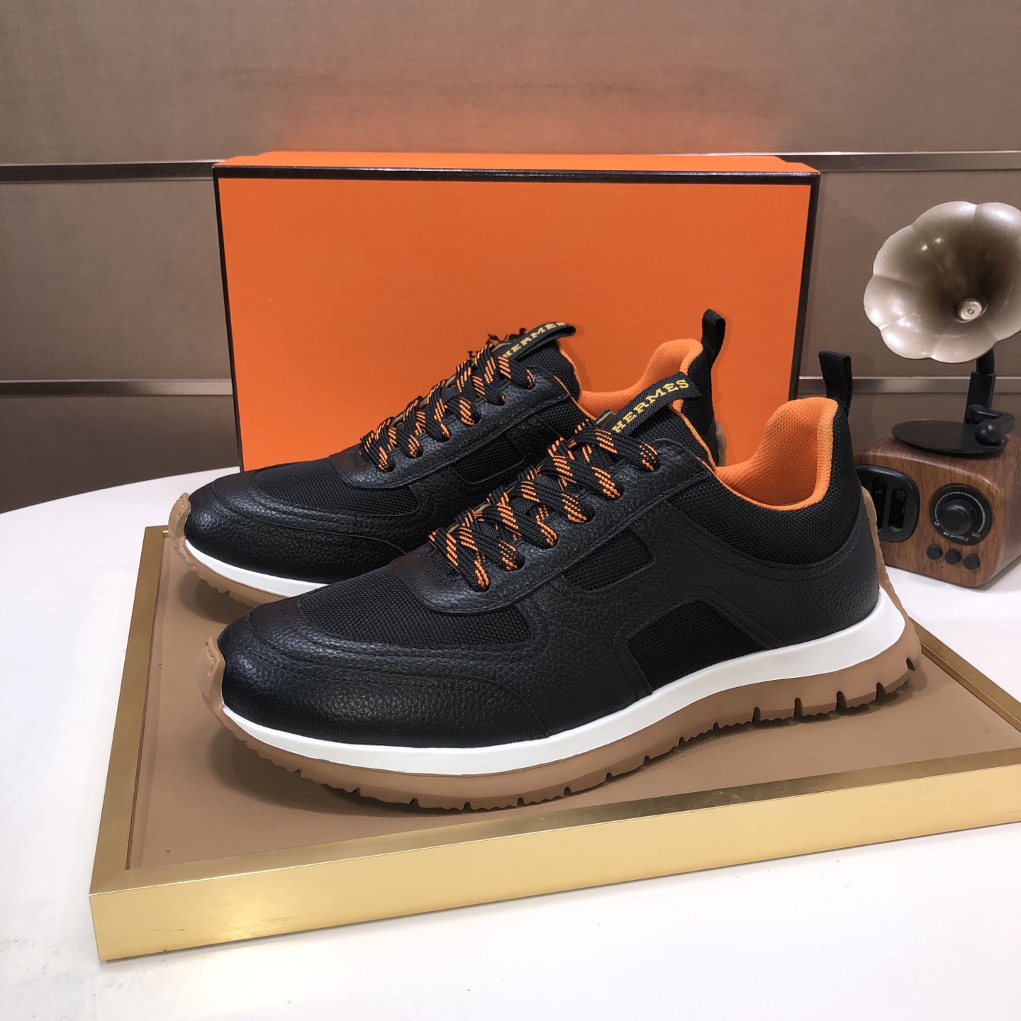 Hermes Men's Black Leather Sneakers With Orange Accents, Size 38-44 3 i1744223989484 429 0 1