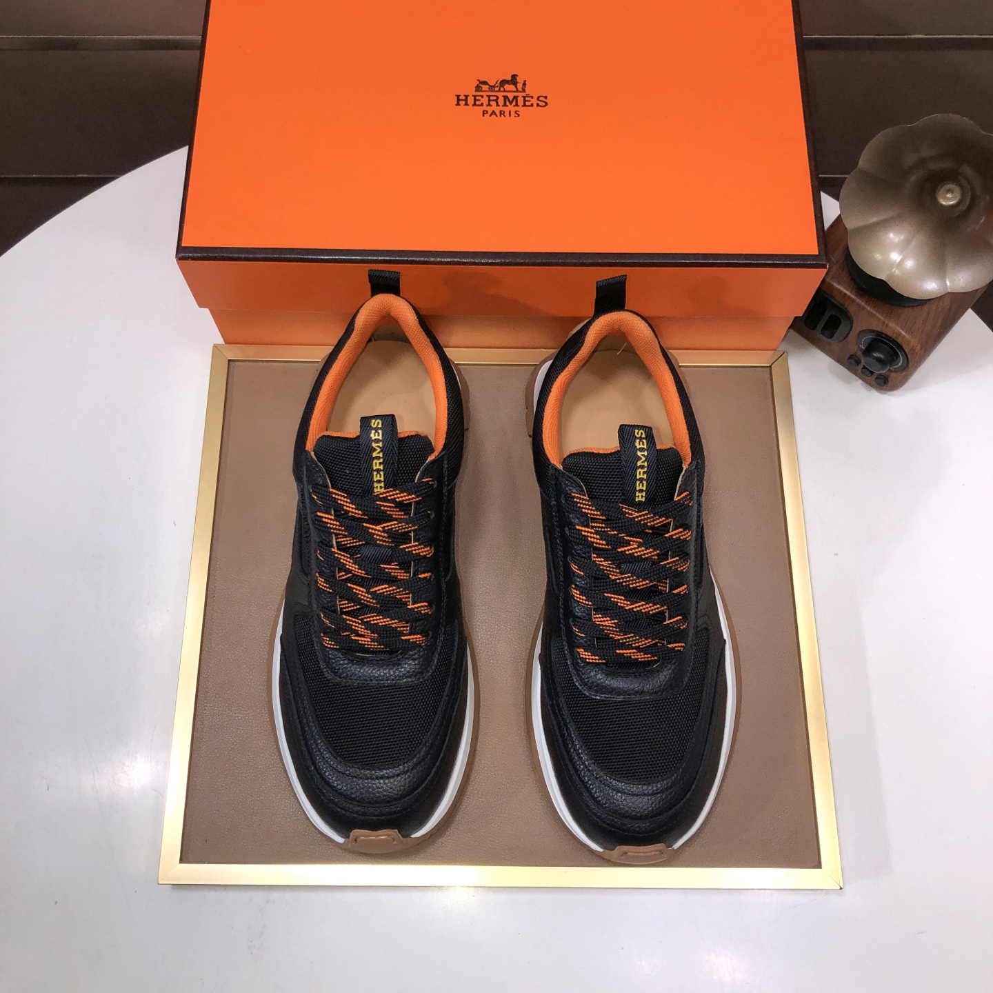 Hermes Men's Black Leather Sneakers With Orange Accents, Size 38-44