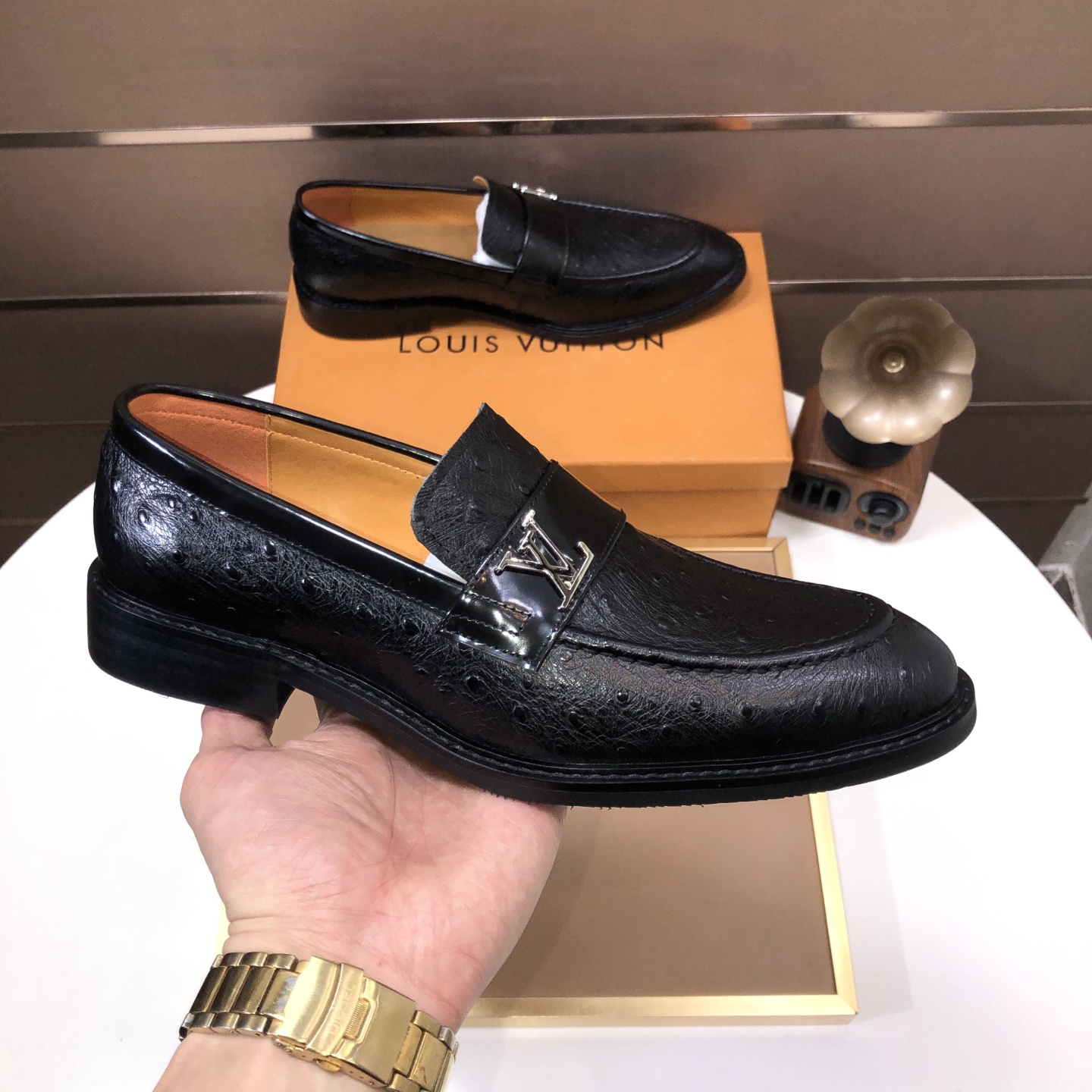Louis Vuitton Men's Black Leather Loafers with Ostrich Skin Texture 6 i1745430051467 5262 0 4