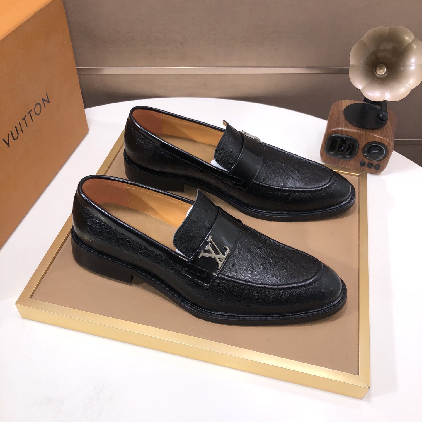 Louis Vuitton Men's Black Leather Loafers with Ostrich Skin Texture 3 i1745430051533 9808 0 1