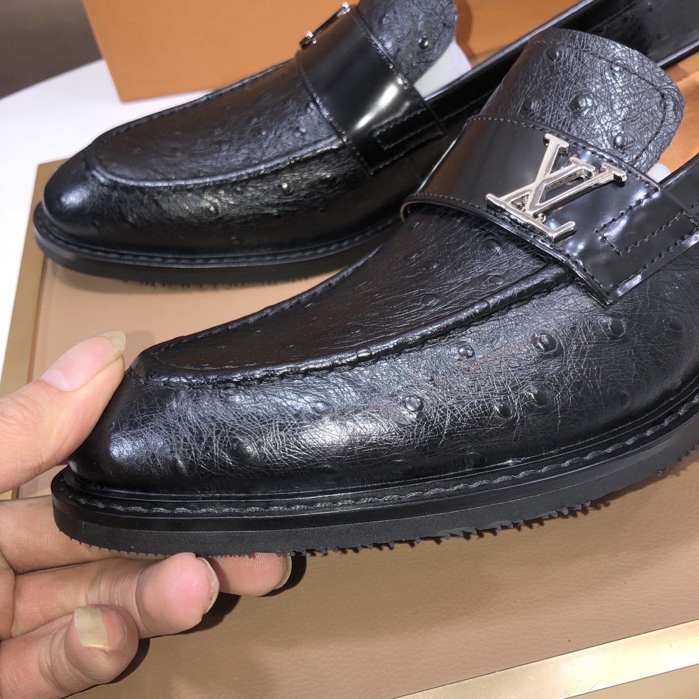Louis Vuitton Men's Black Leather Loafers with Ostrich Skin Texture 9 i1745430052346 3115 0 7